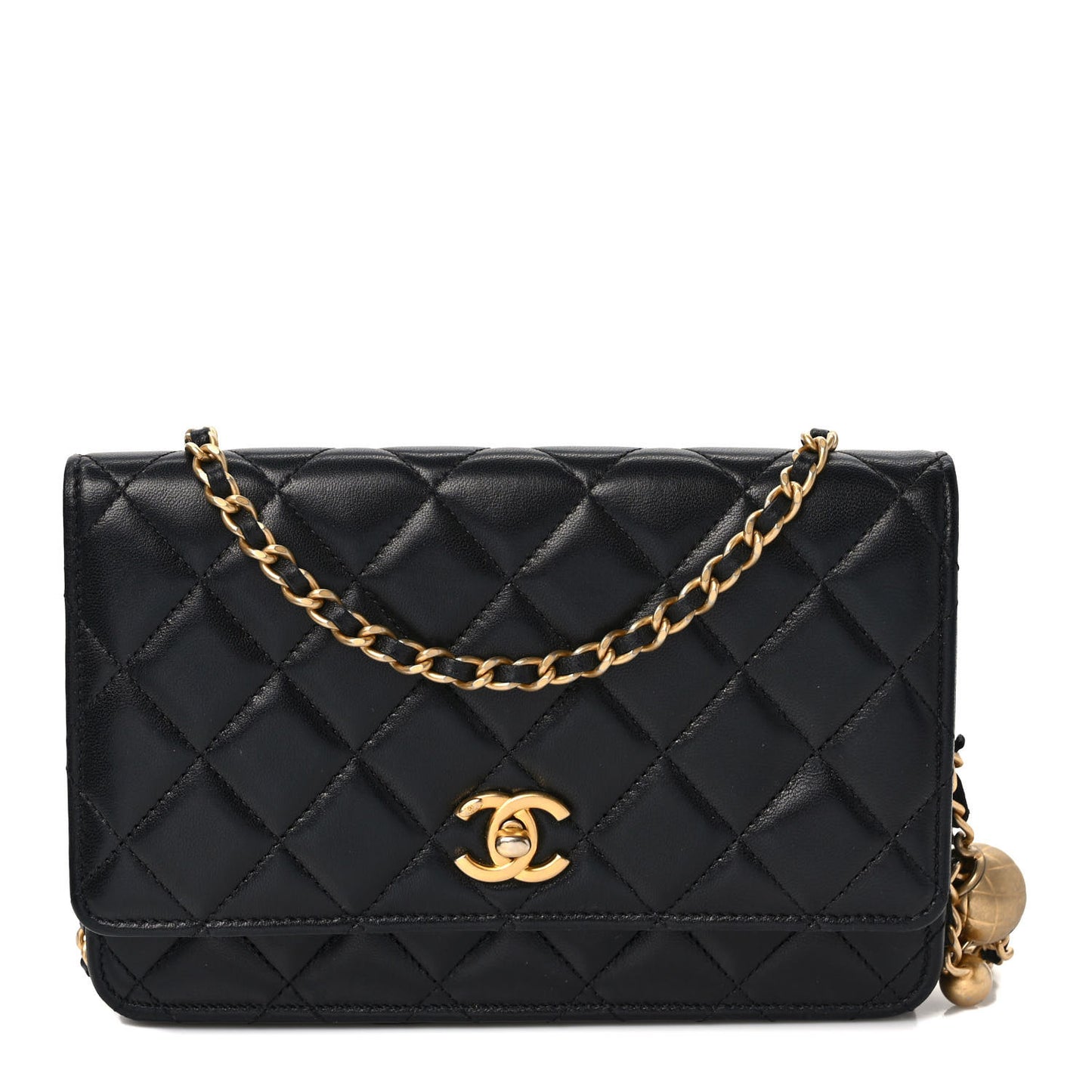 Lambskin Quilted Pearl Crush Wallet On Chain WOC Black