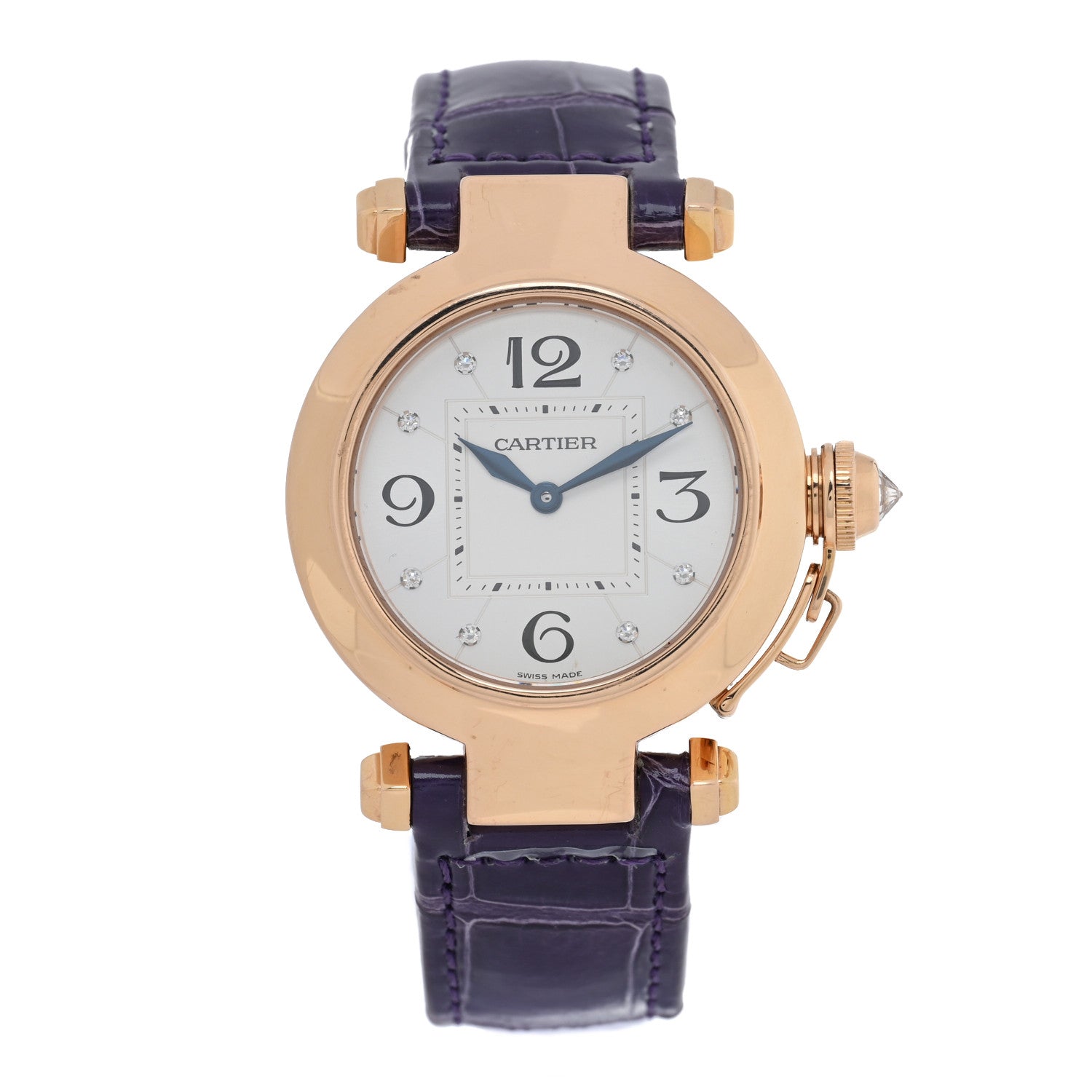 Cartier 18K Pink Gold Alligator Diamond 32mm Pasha C Quartz Watch Purple 1 of 5