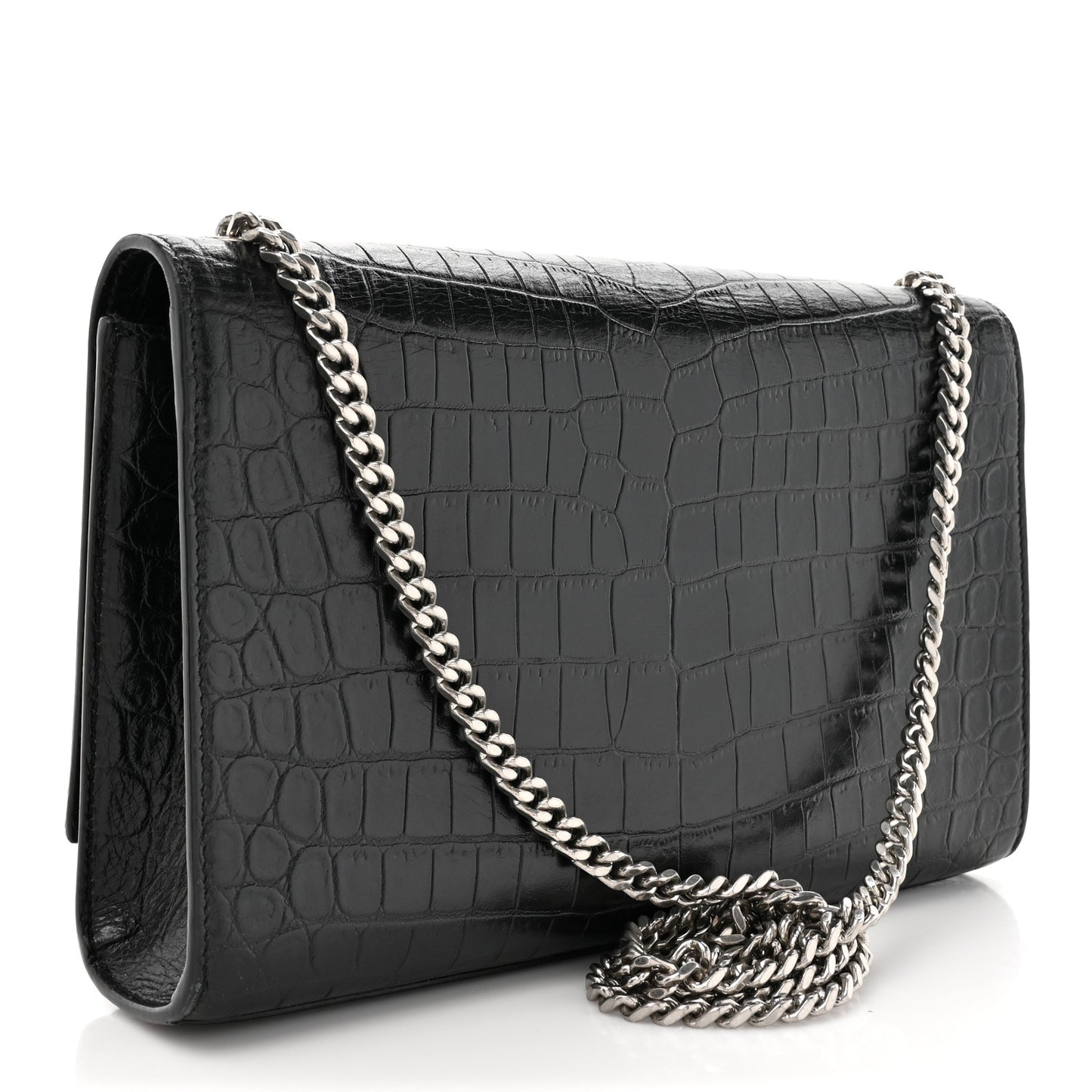 Calfskin Crocodile Embossed Medium Classic Monogram Kate Tassel Satchel Black