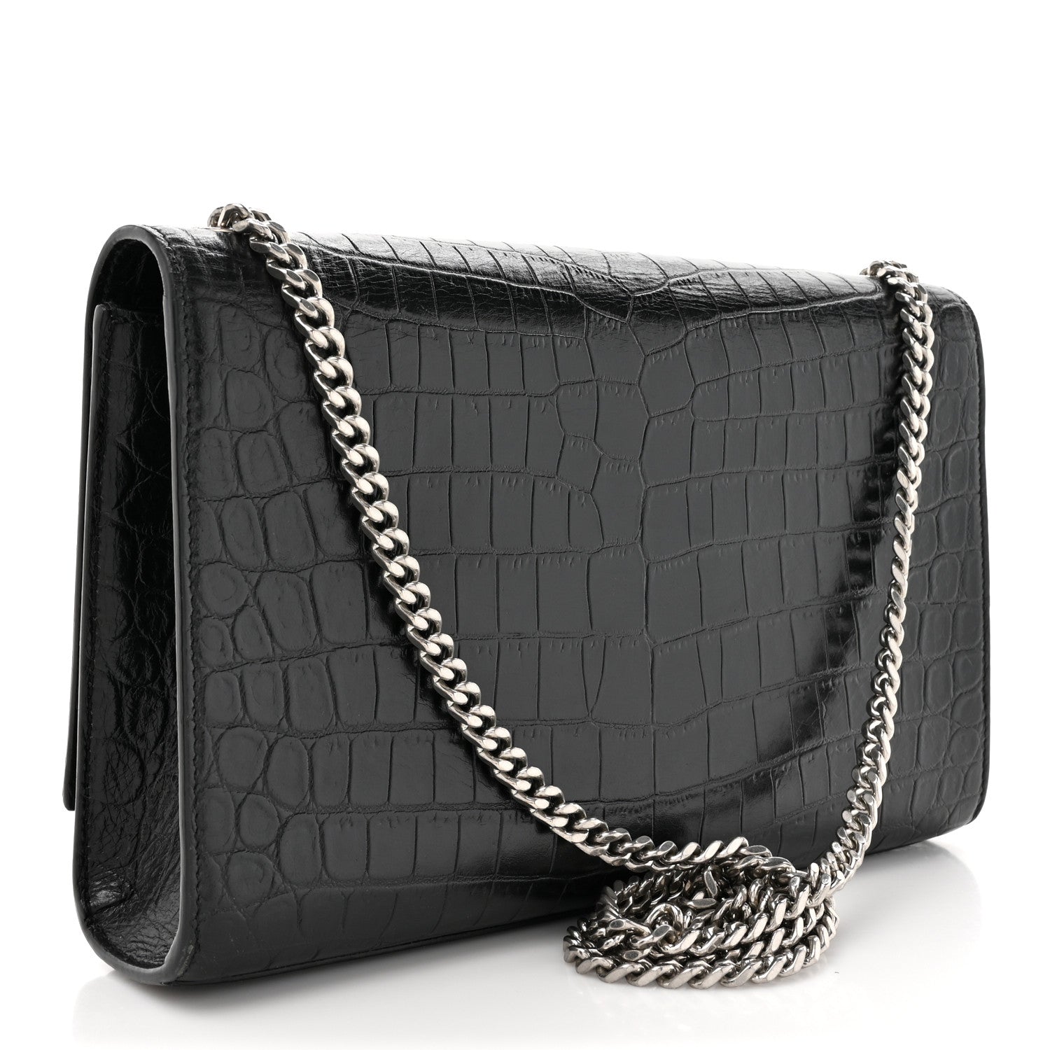 Saint Laurent Calfskin Crocodile Embossed Medium Classic Monogram Kate Tassel Satchel Black 3 of 17