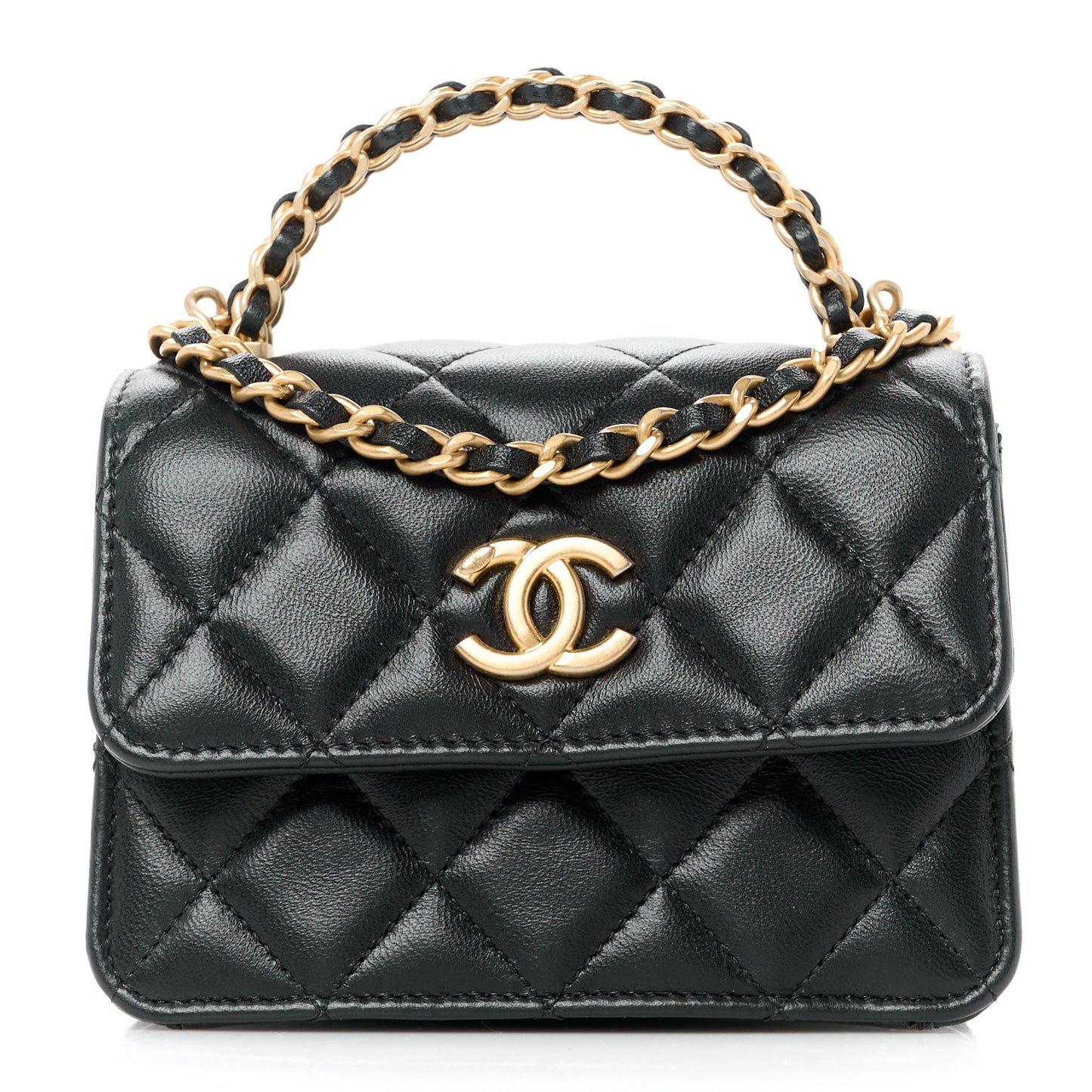 Lambskin Quilted Chain Top Handle Clutch With Chain Black