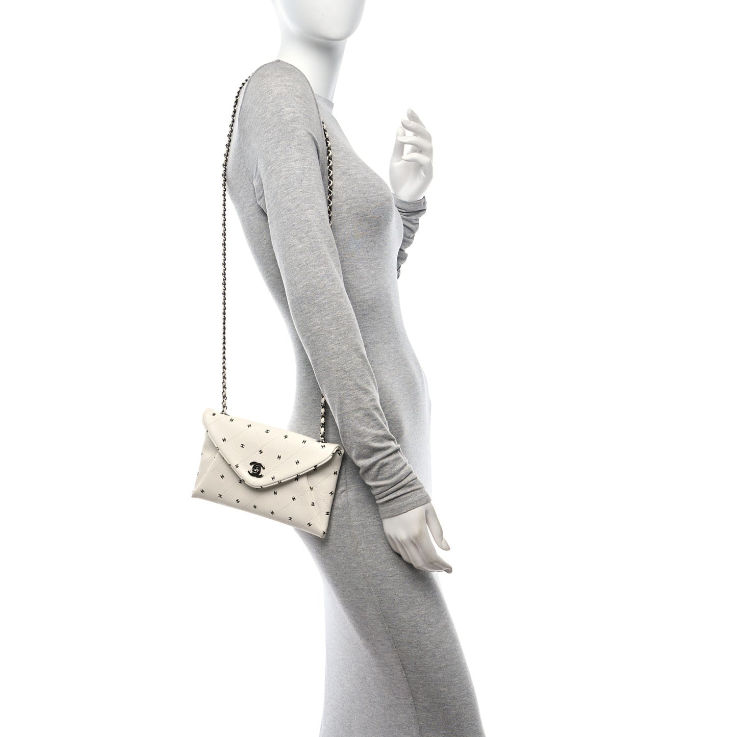 Printed Lambskin Logo CC Envelope Clutch With Chain White
