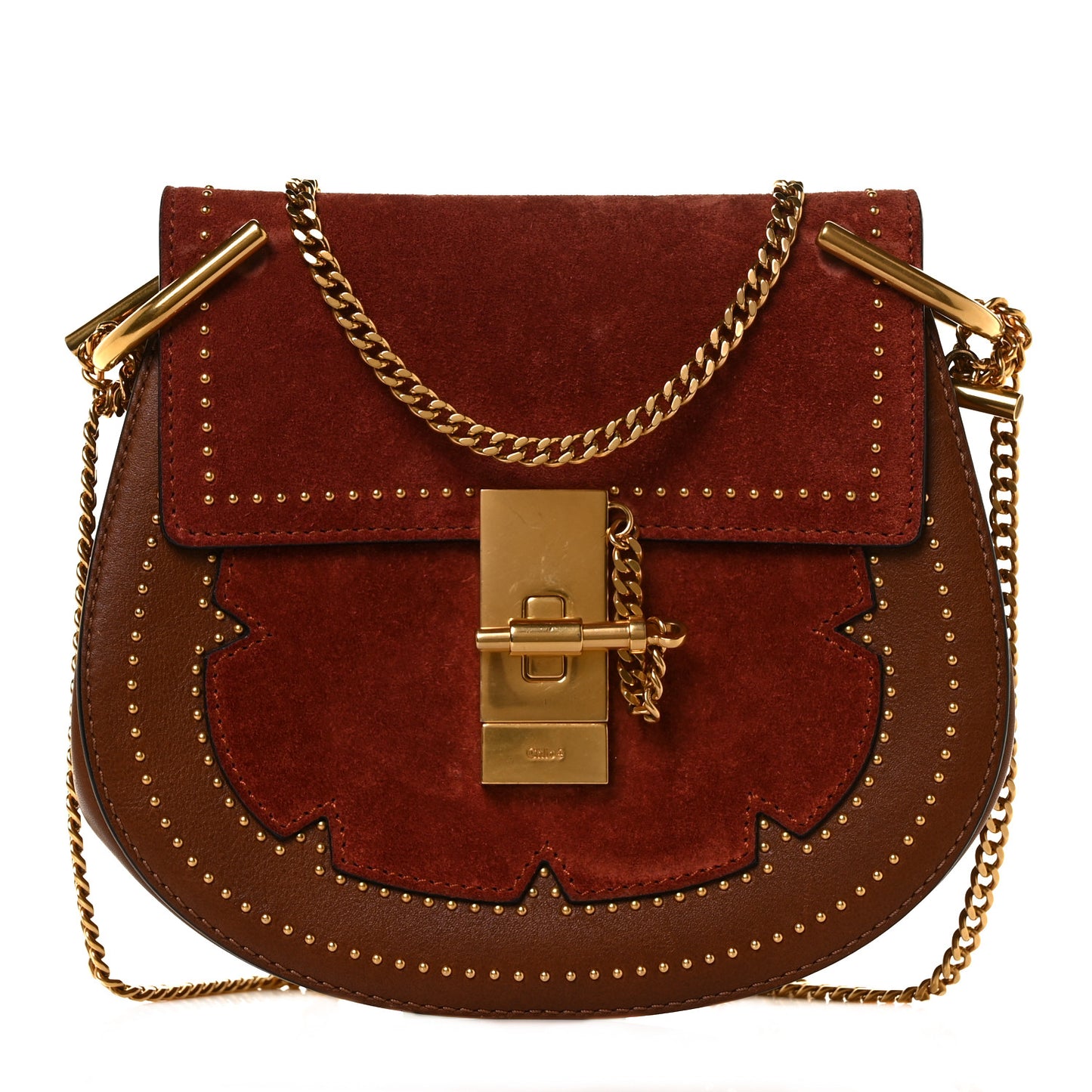 Suede Smooth Calfskin Studded Mini Drew Shoulder Bag Sienna Red Brown