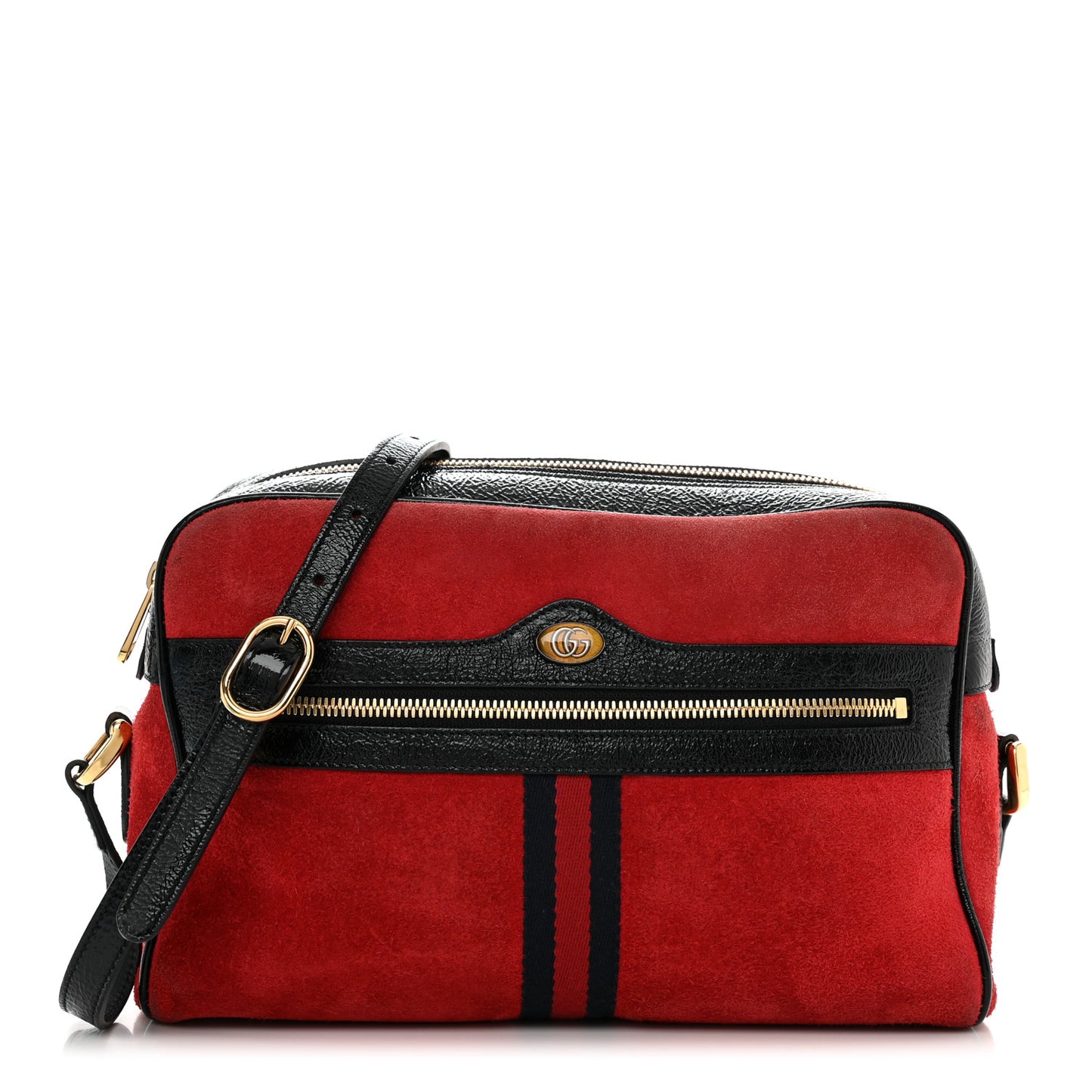 Suede Patent Web Small Ophidia Shoulder Bag Hibiscus Red Black