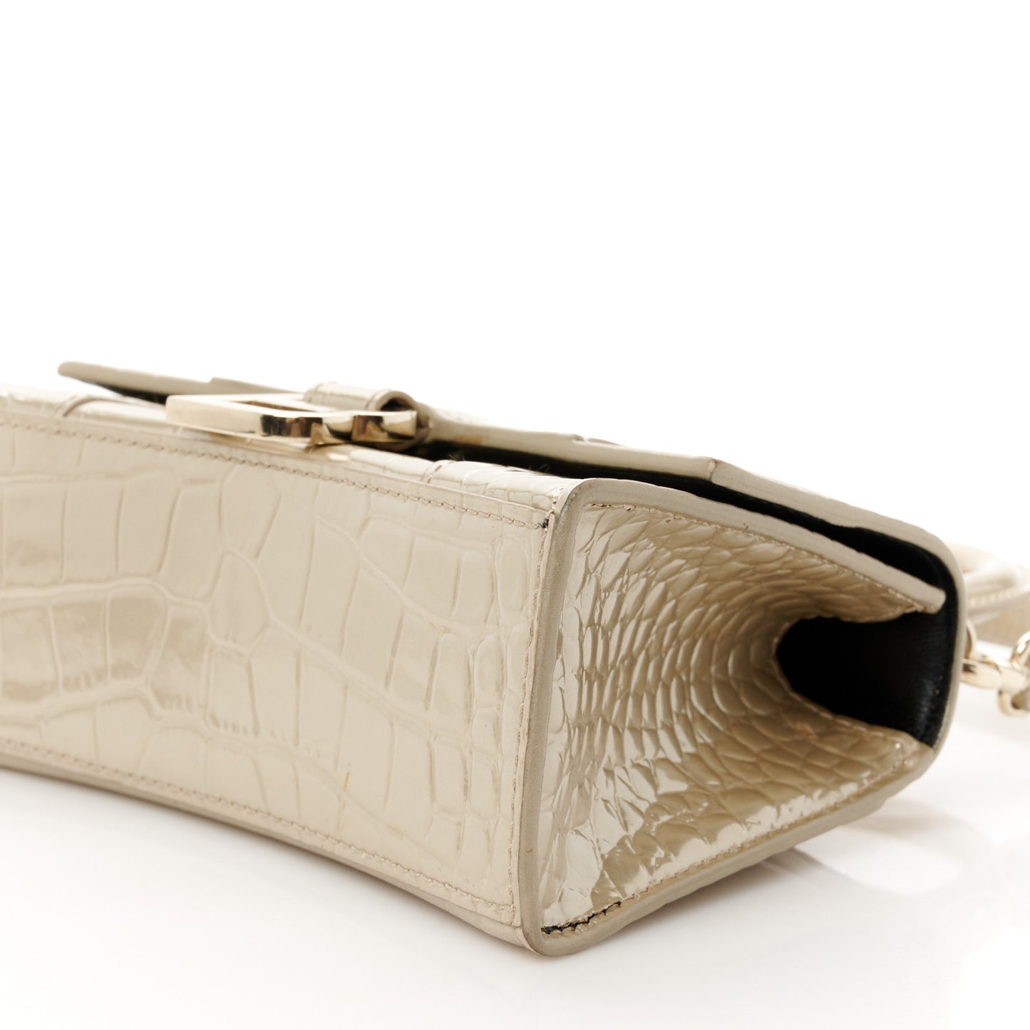Metallic Shiny Calfskin Crocodile Embossed Hourglass Top Handle Bag XS Light Gold
