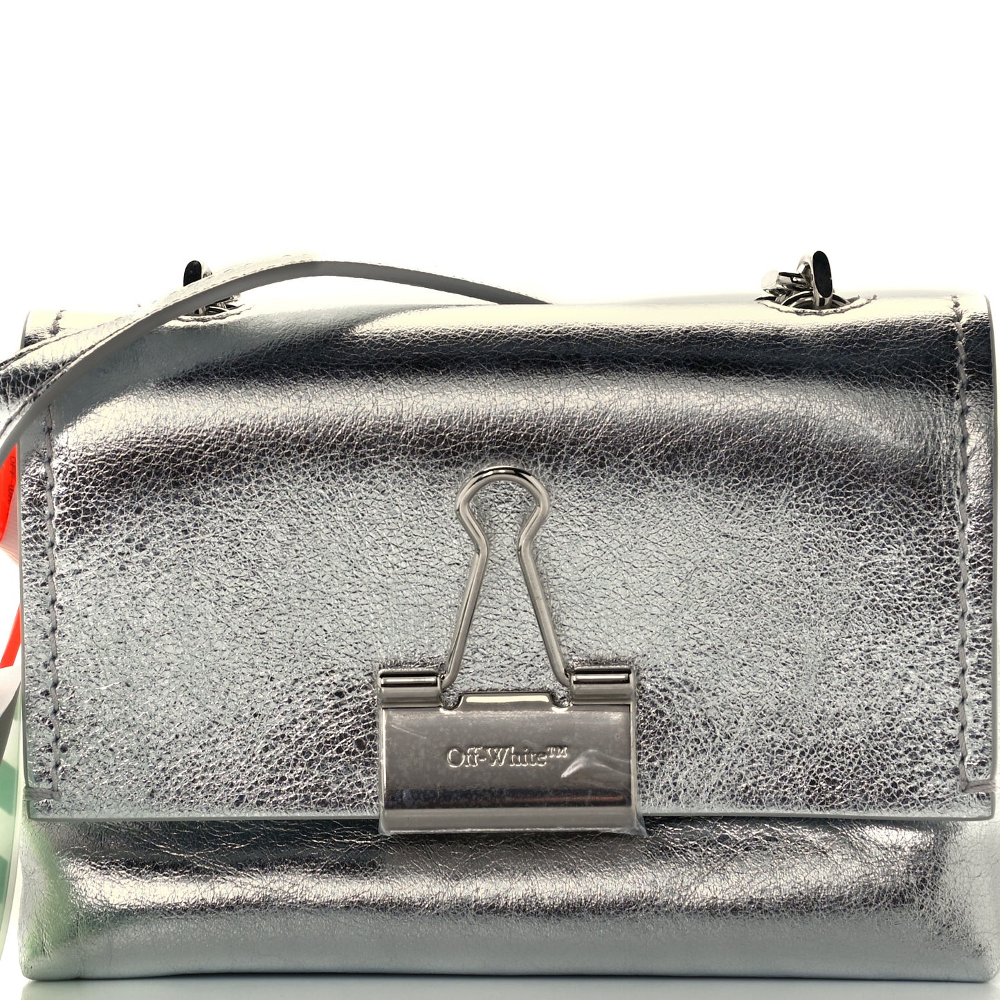 Calfskin Metallic Small Binder Clip Crossbody Silver
