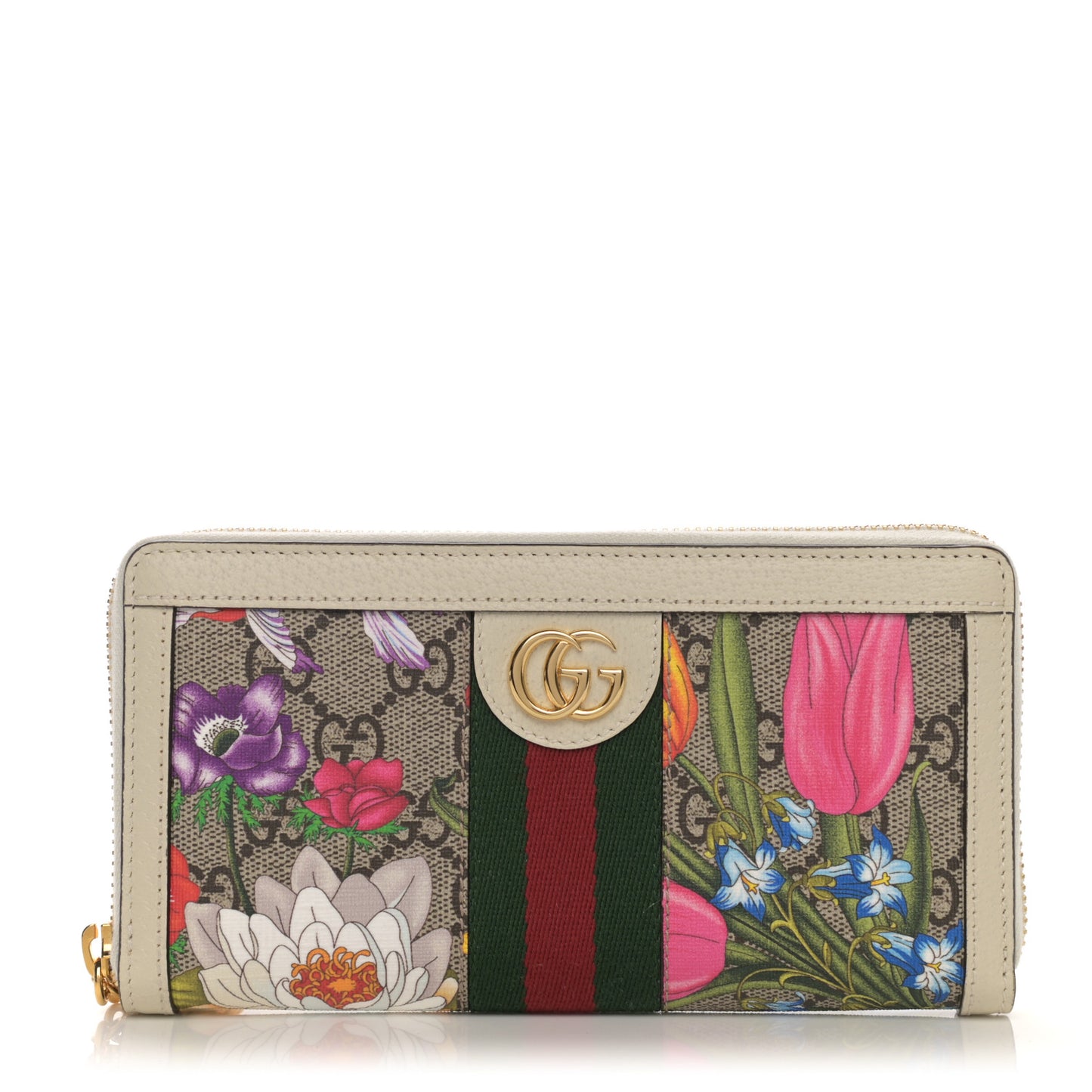GG Supreme Monogram Flora Ophidia Zip Around Wallet White