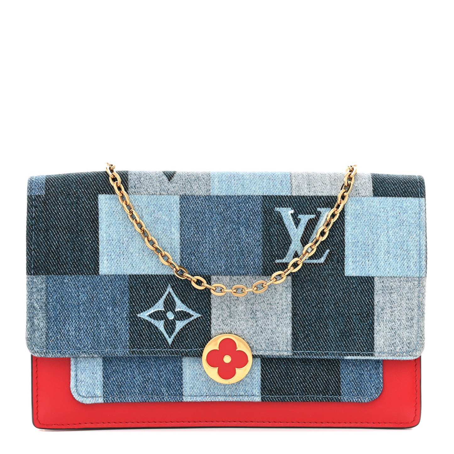 Denim Damier Monogram Patchwork Flore Chain Wallet Blue Rouge