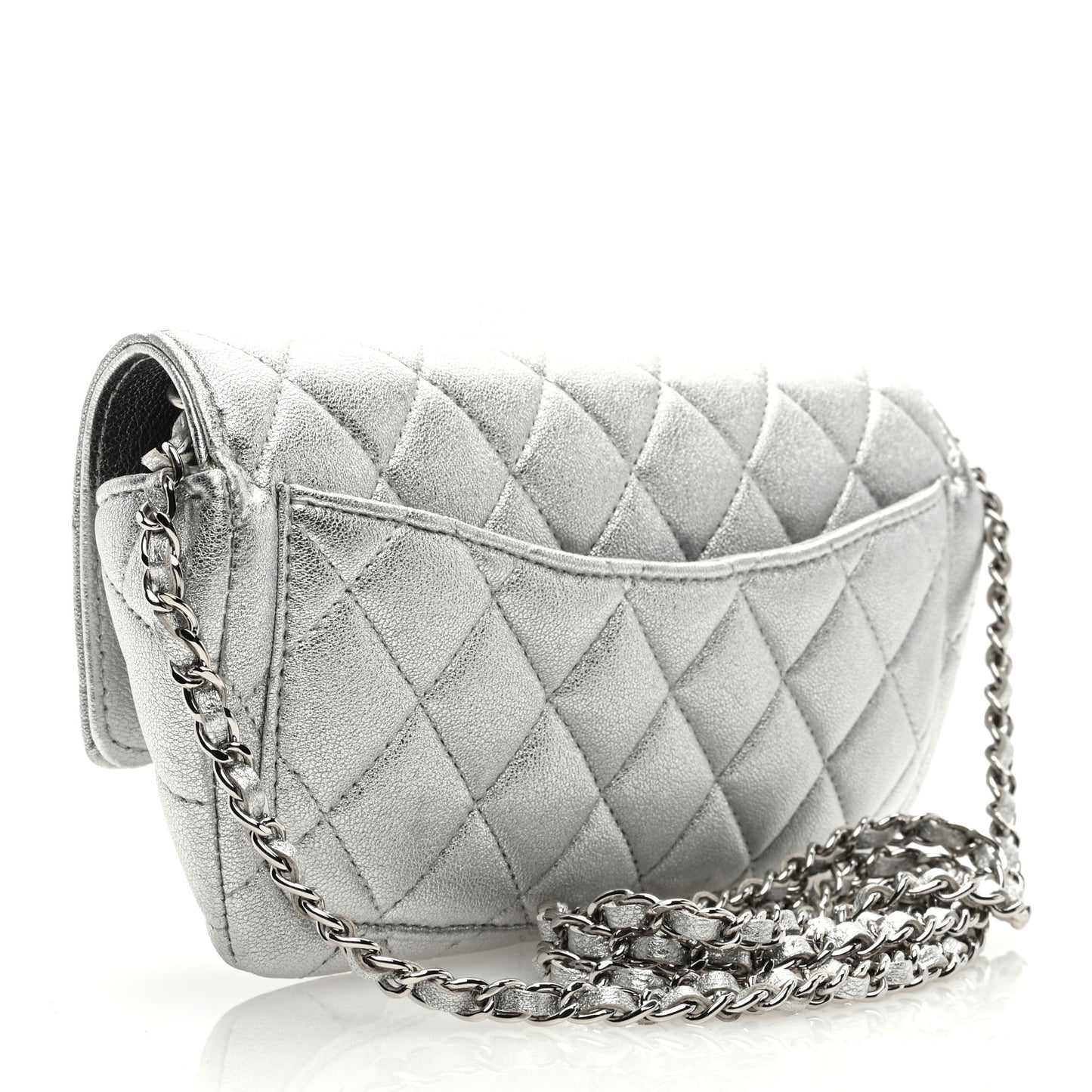 Metallic Lambskin Quilted Glasses Case With Chain Silver