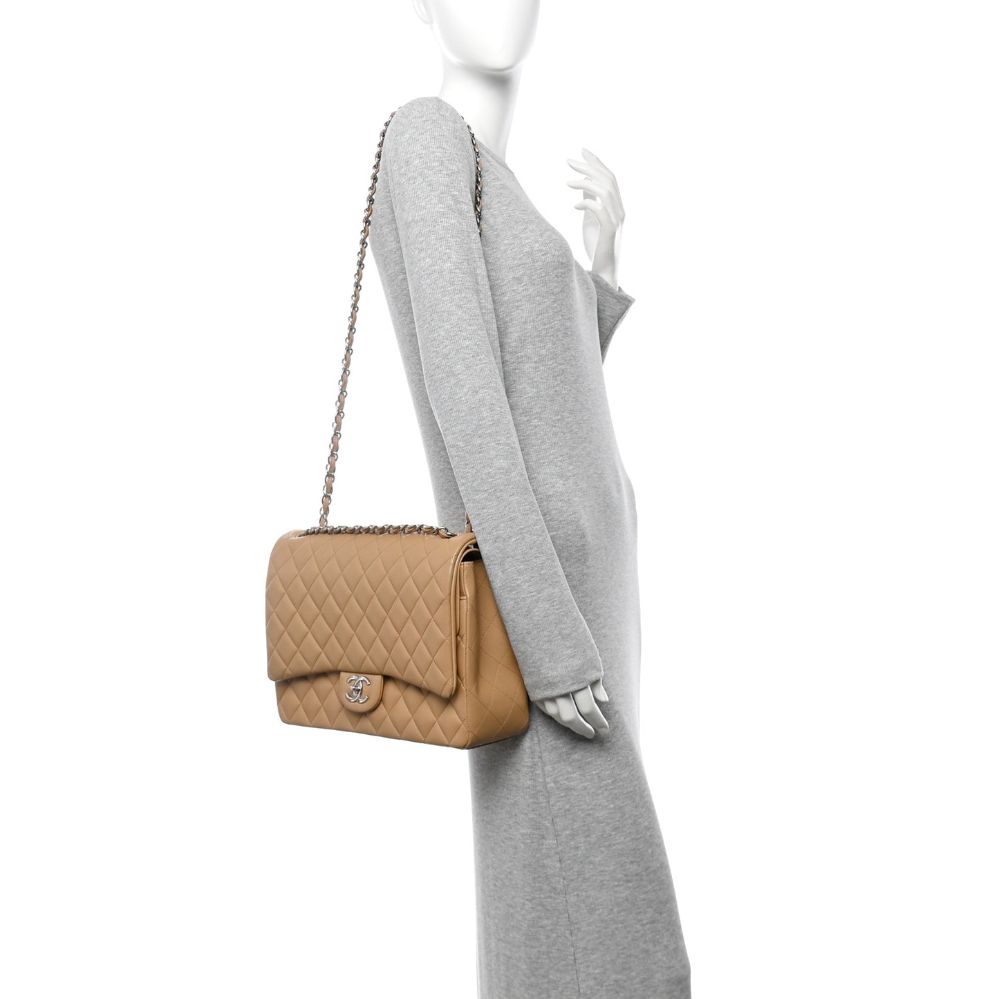 Lambskin Quilted Maxi Double Flap Beige