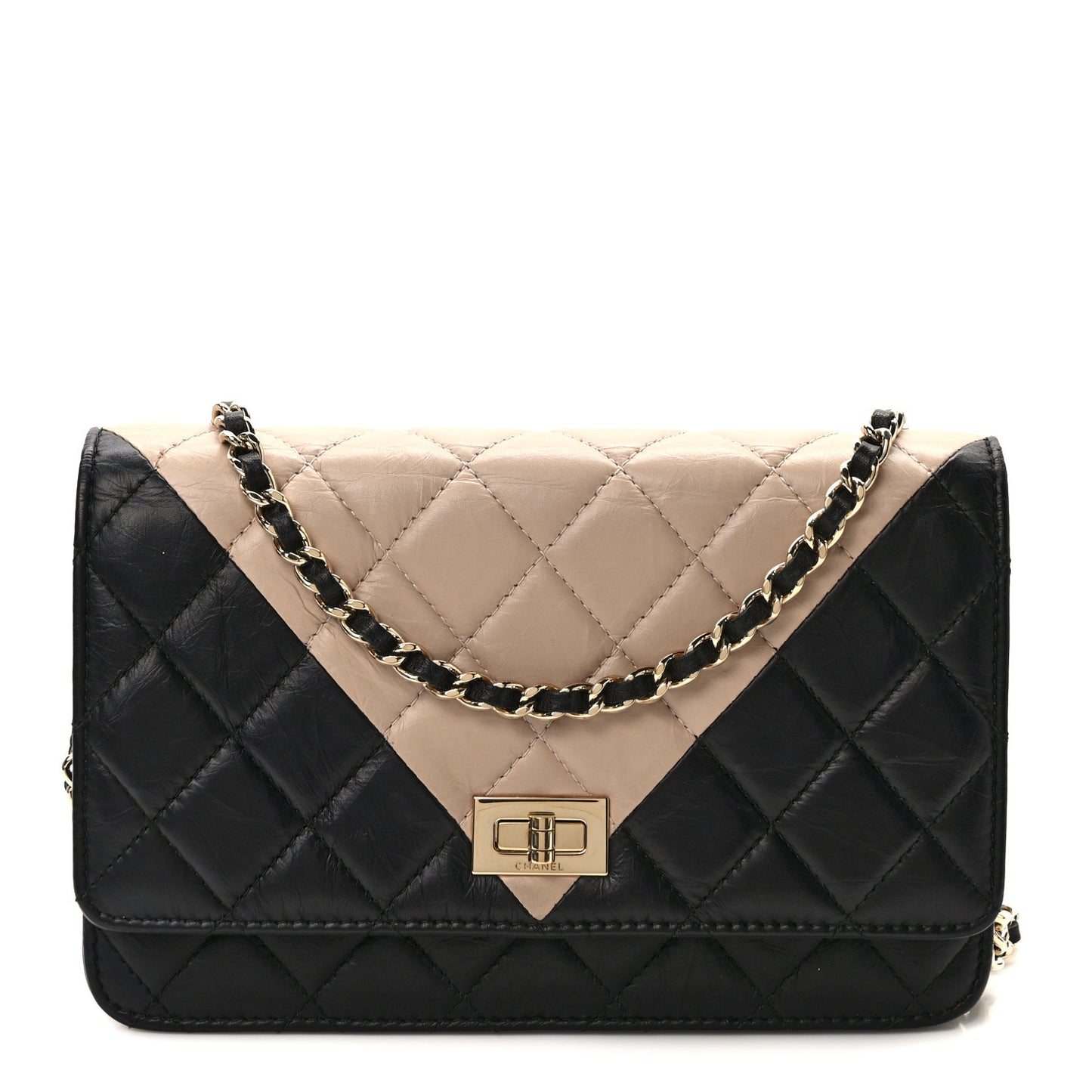 Aged Calfskin Quilted Reissue Wallet On Chain WOC Beige Black