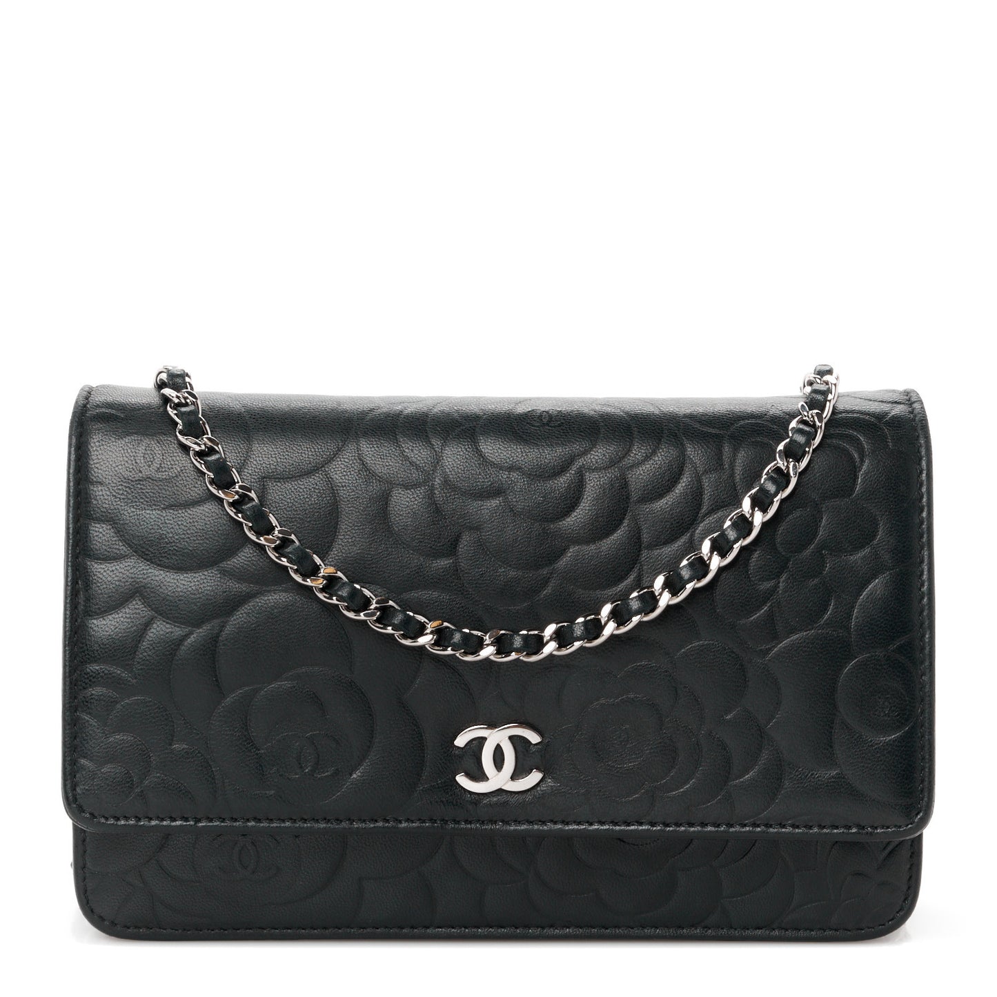 Lambskin Camellia Embossed Wallet on Chain WOC Black