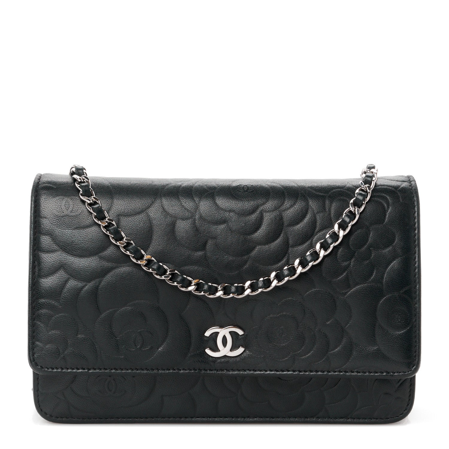 Chanel Lambskin Camellia Embossed Wallet on Chain WOC Black 1 of 12