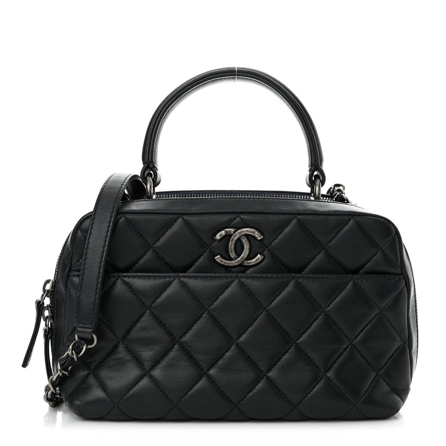 Lambskin Quilted Medium Trendy CC Bowling Bag Navy