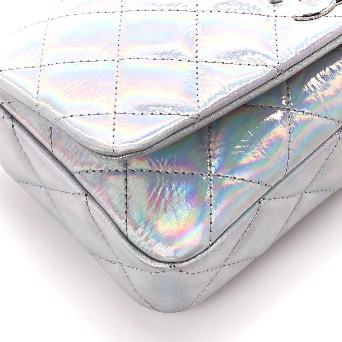 Iridescent Mirror Goatskin Quilted Clutch With Chain Silver