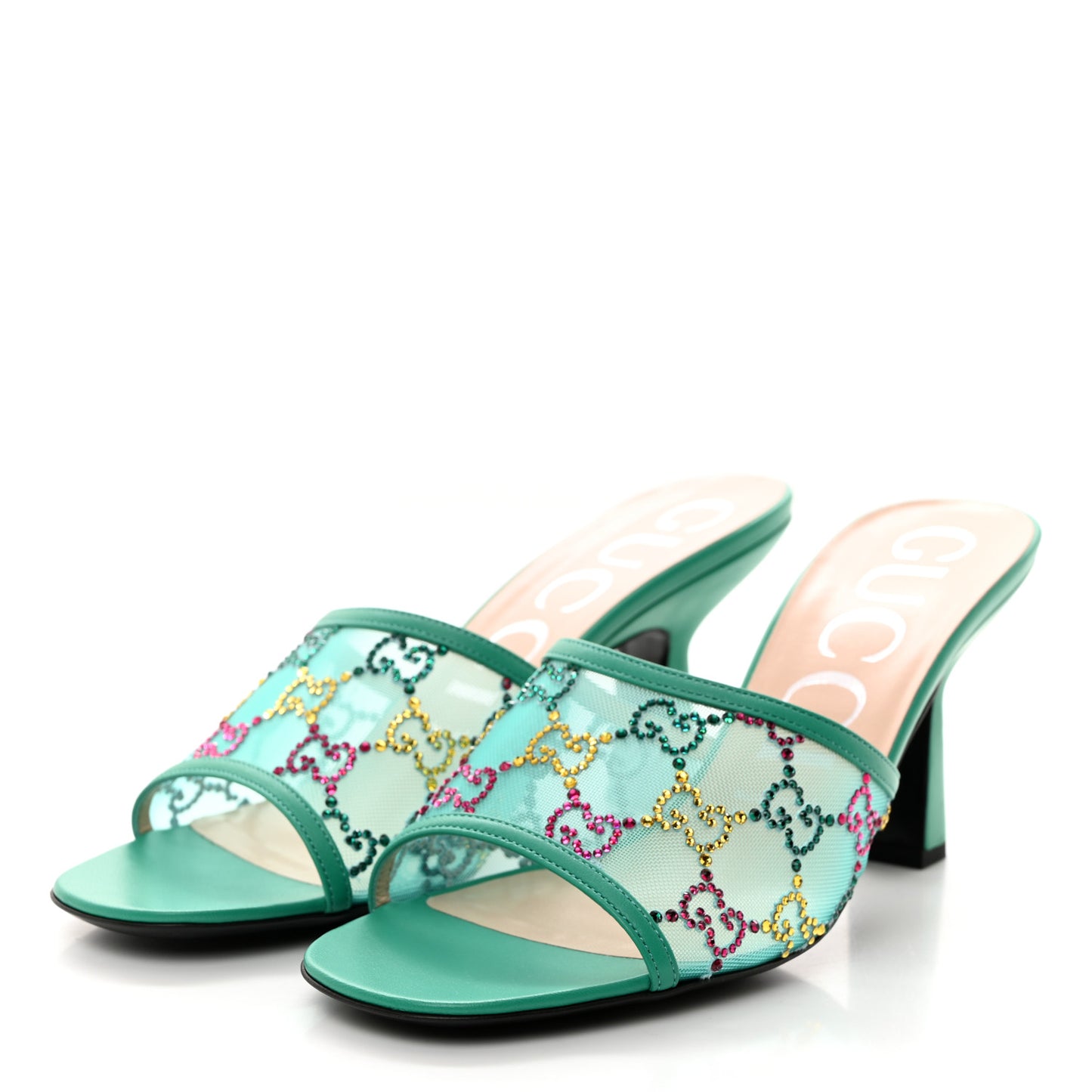 Tela Retino Nappa Crystal GG Monogram Square G 95mm Slide Sandals 39 Turquoise