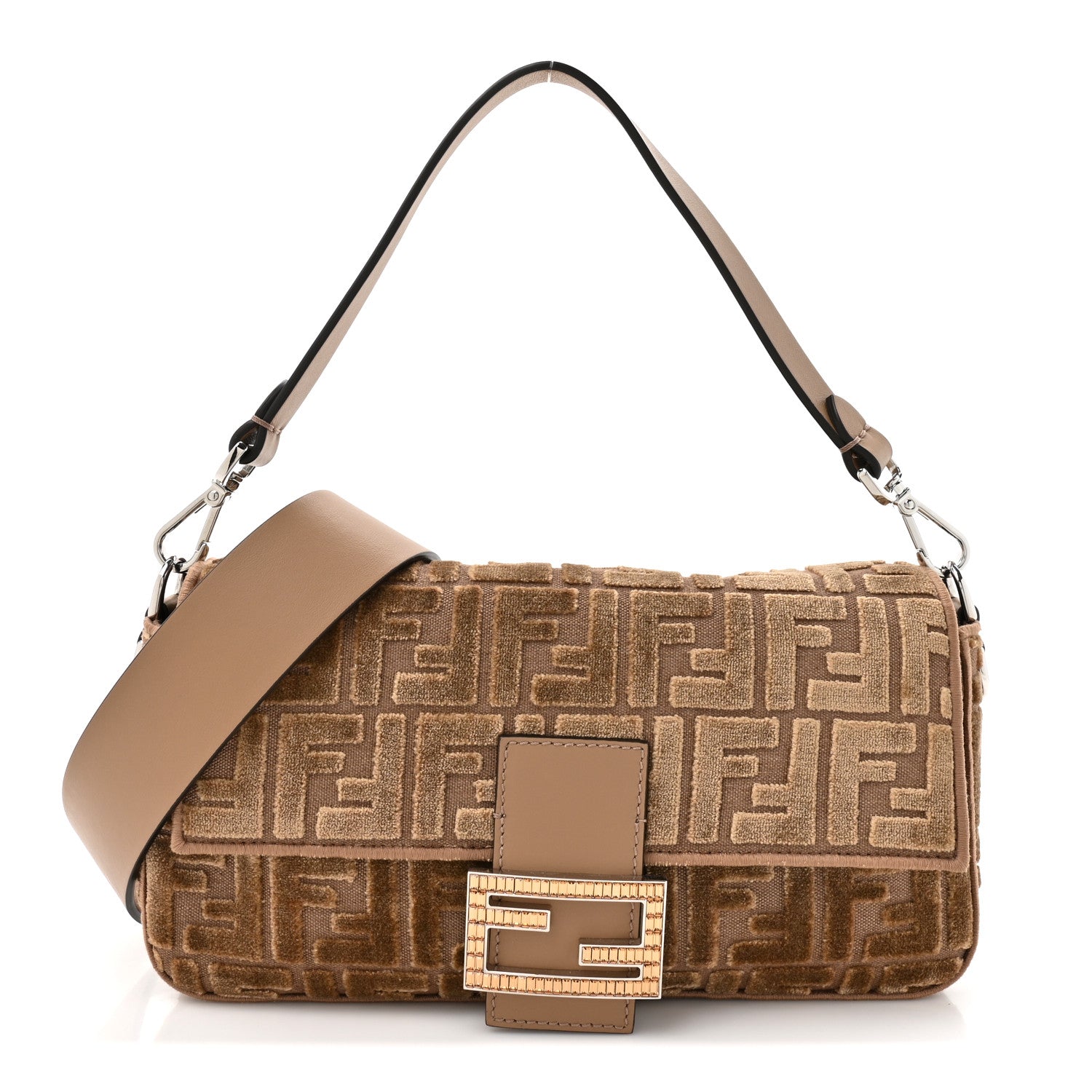 Fendi Velvet Jacquard FF Crystal Baguette Cappuccino 1833823