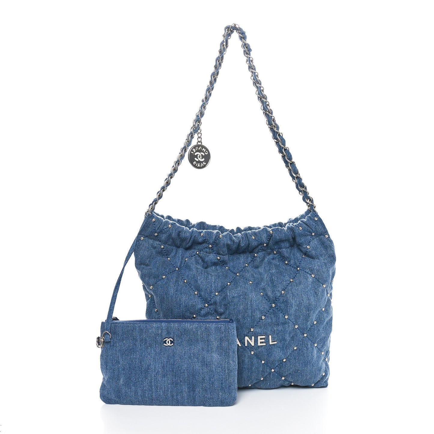 Washed Denim Quilted Studded Small Chanel 22 Blue