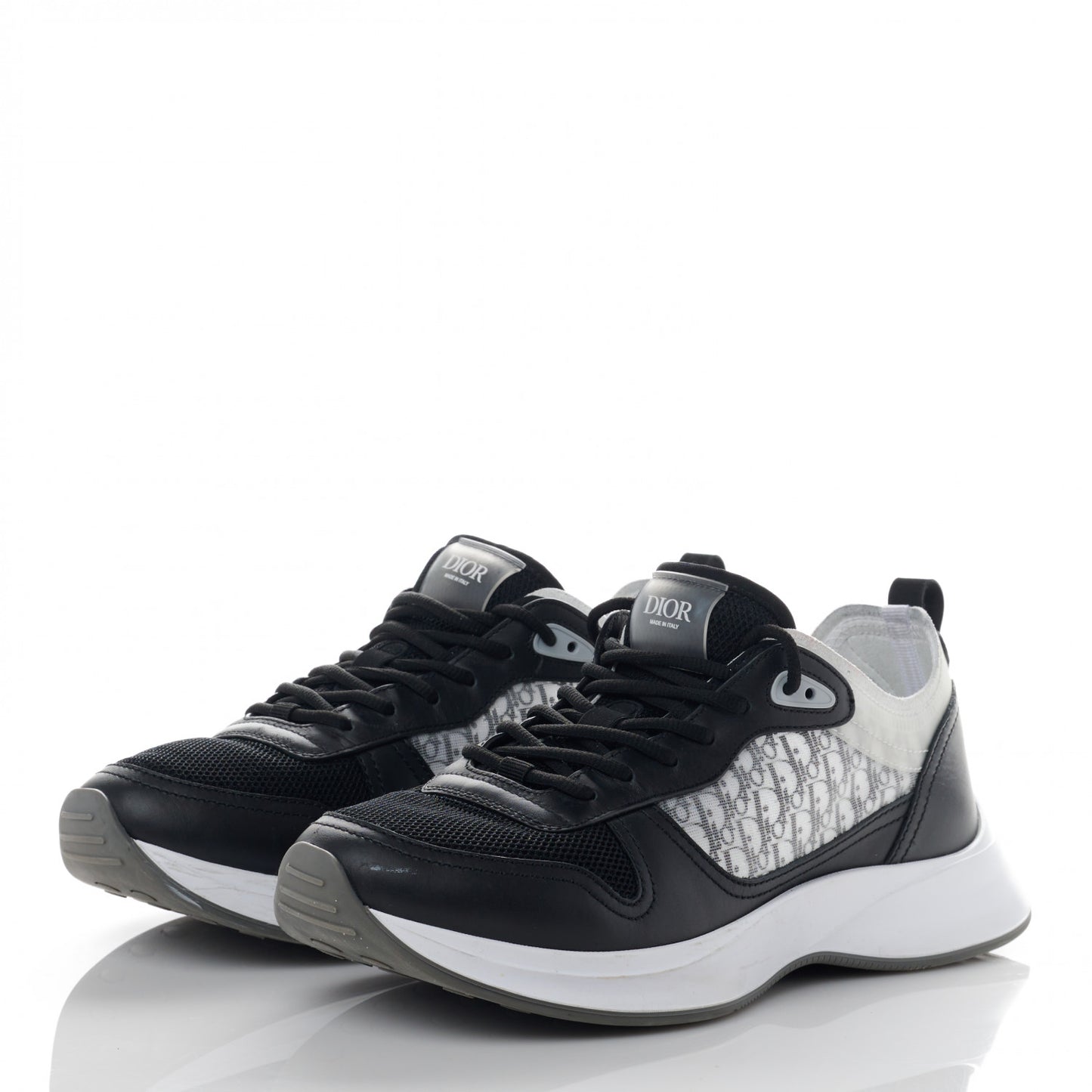 Smooth Calfskin Technical Mesh Oblique Mens B25 Runner Sneakers 42 Black Grey