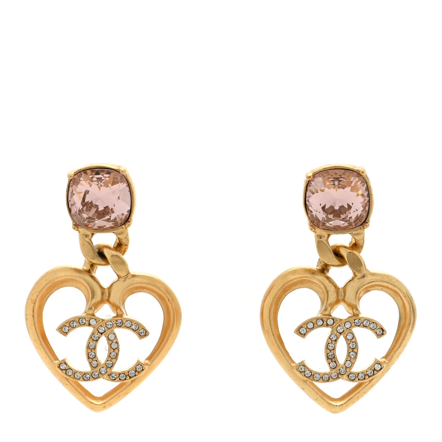 Crystal Heart CC Drop Earrings Pink Gold