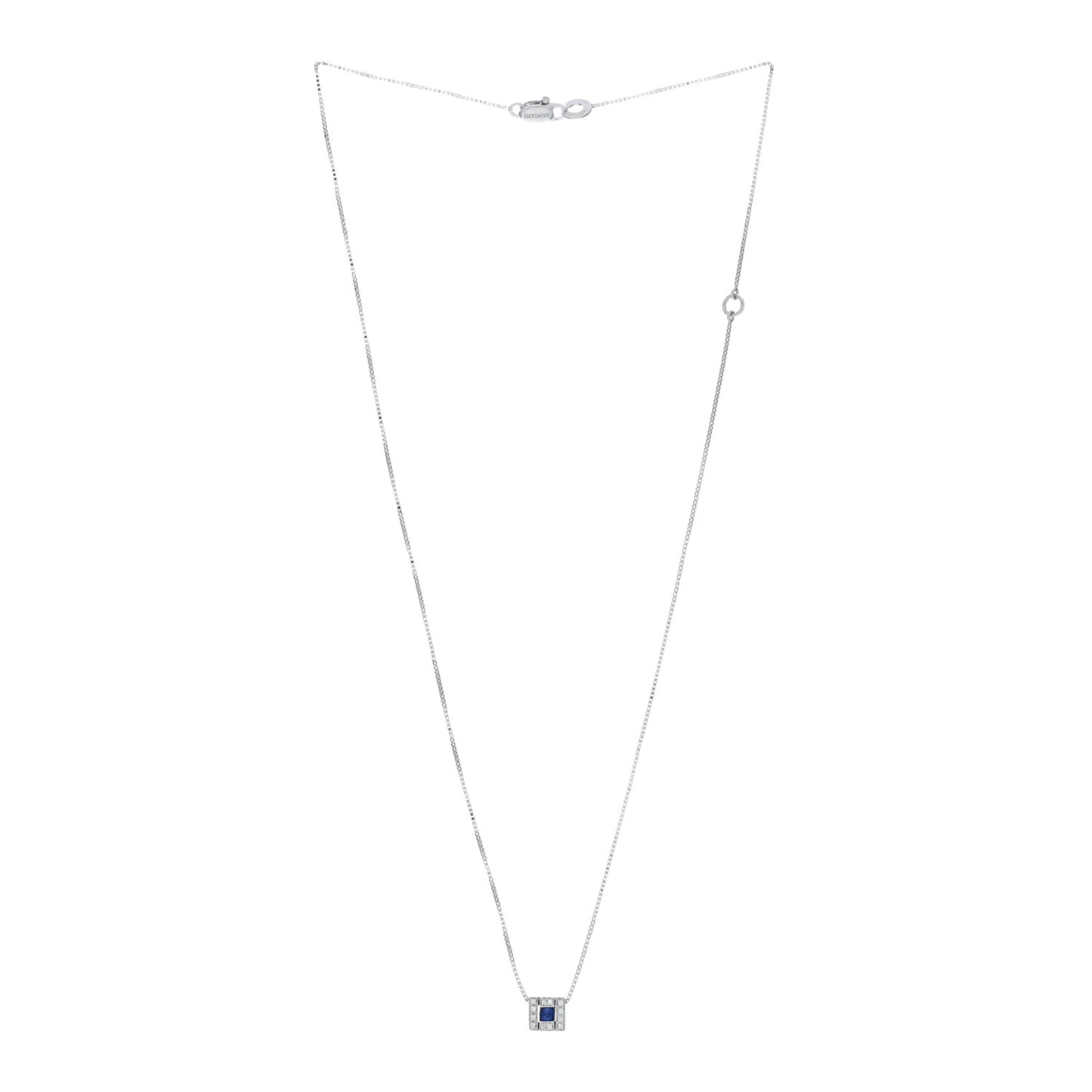 18K White Gold Diamond Blue Sapphire Square Pendant Necklace