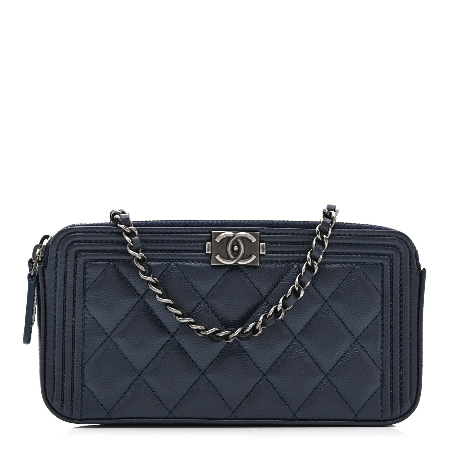 Chanel Metallic Caviar Quilted Small Boy Clutch With Chain Navy