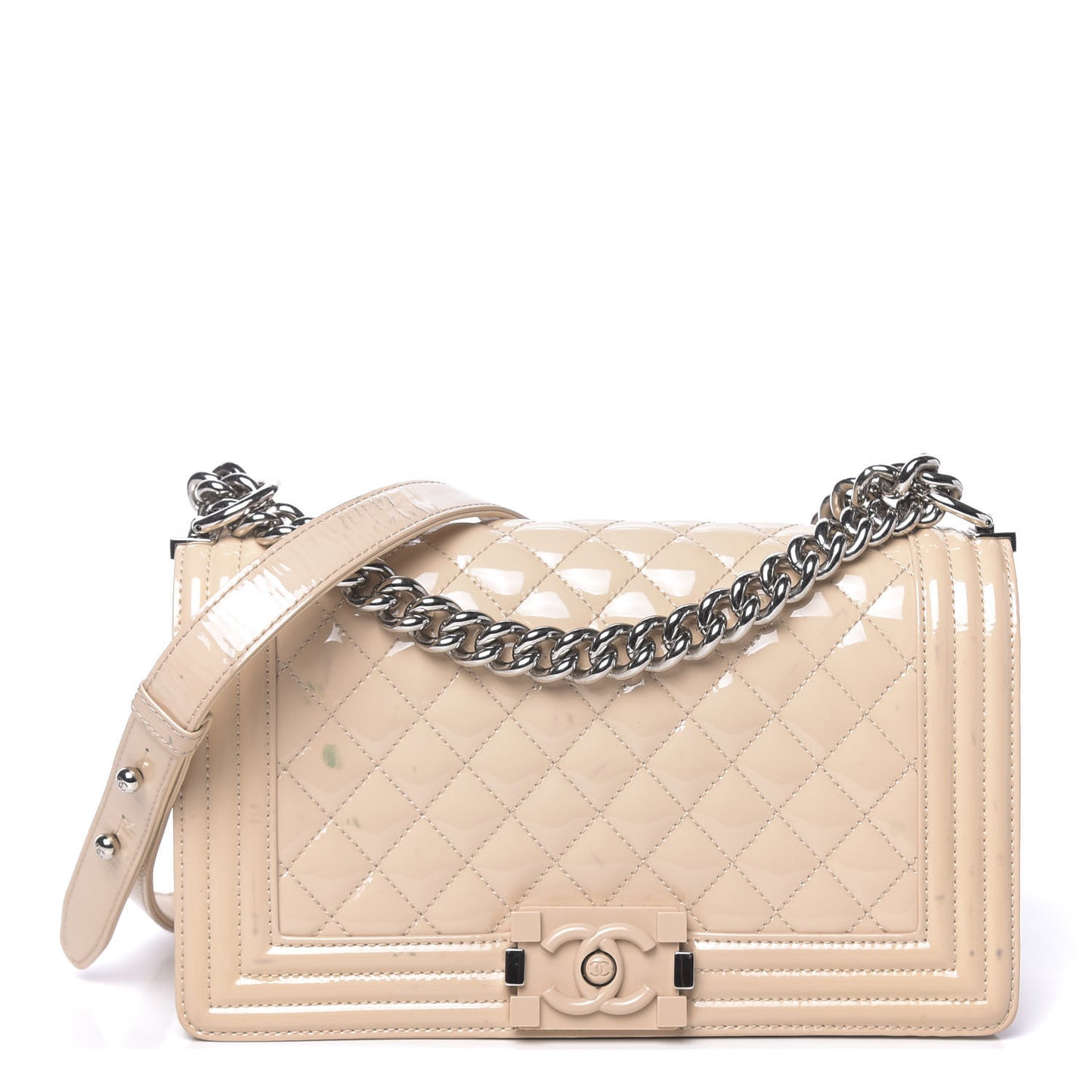 Patent Calfskin Quilted Medium Plexiglass Boy Flap Beige