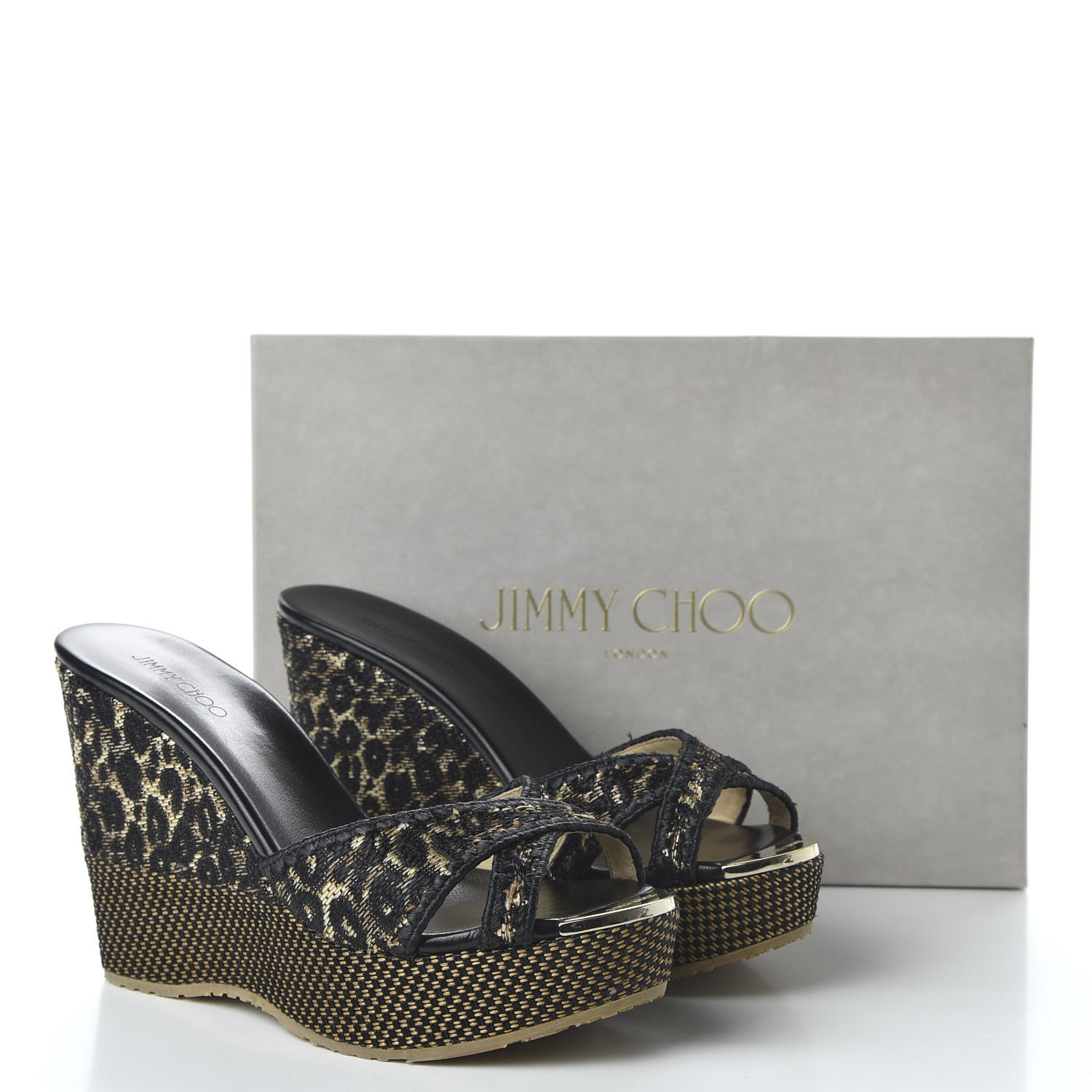 Jimmy Choo Woven Raffia Leopard Print Perfume Wedge Sandals 39.5 Natural Black 8 of 8