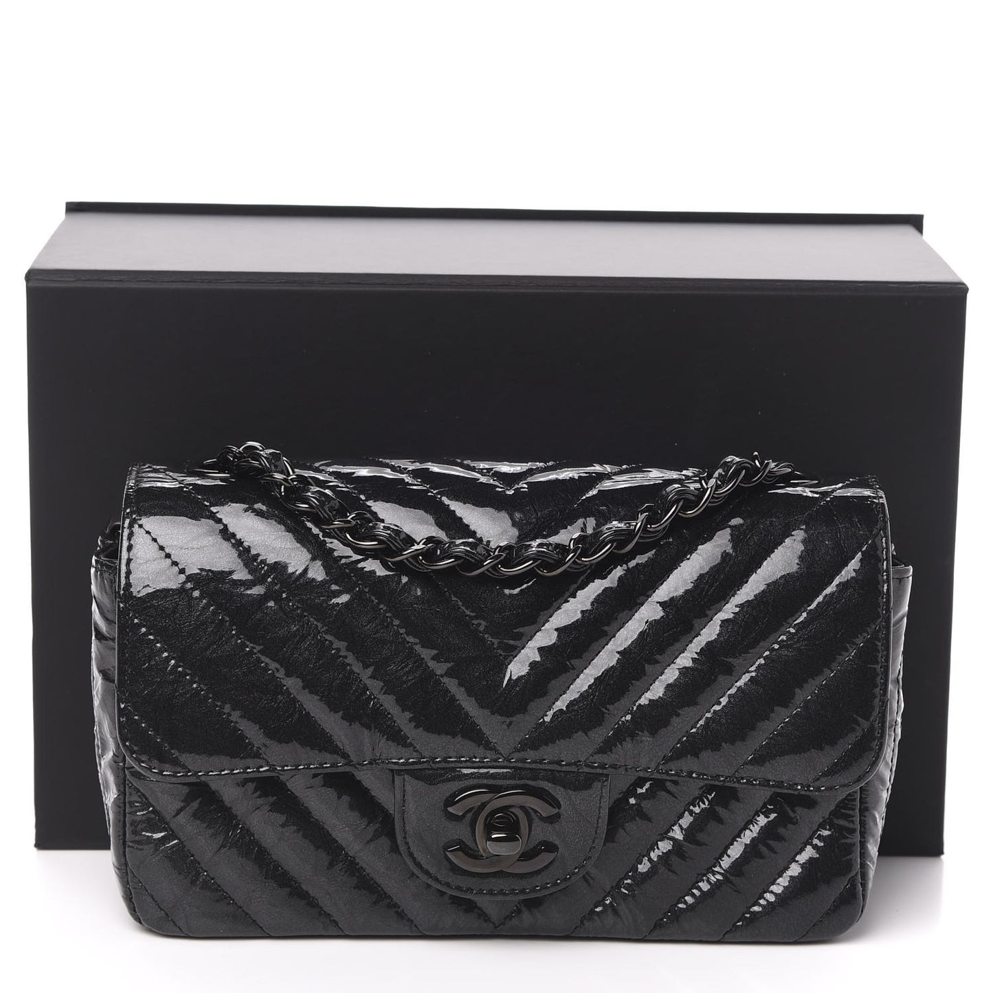 Patent Metallic Crumpled Calfskin Chevron Quilted Mini Rectangular Flap So Black