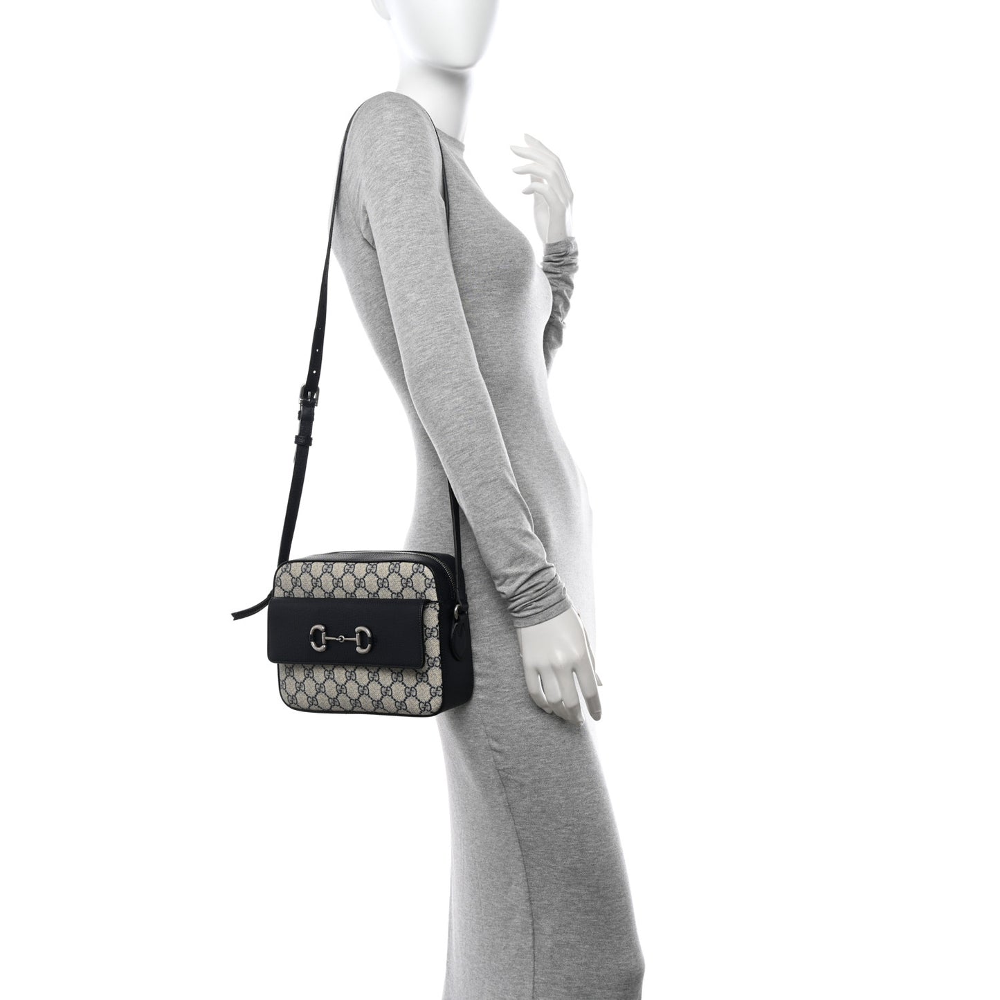 GG Supreme Monogram Textured Dollar Calfskin Small Horsebit 1955 Shoulder Bag Beige Blue