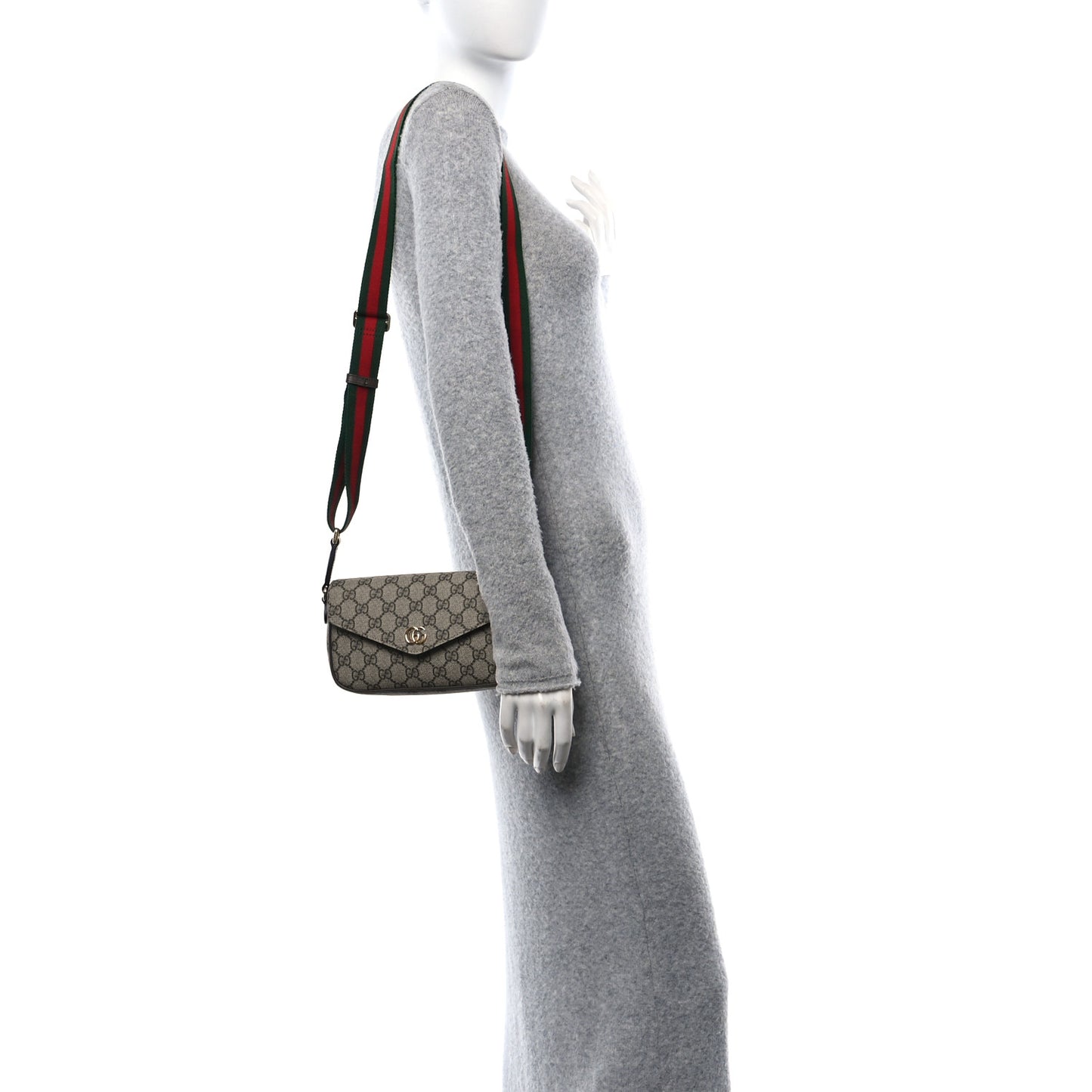 GG Supreme Monogram Textured Dollar Calfskin Web Mini Ophidia Envelope Shoulder Bag Beige Ebony