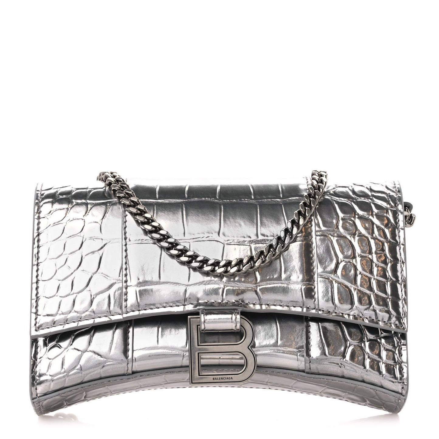 Metallic Calfskin Crocodile Embossed Hourglass Chain Bag Silver