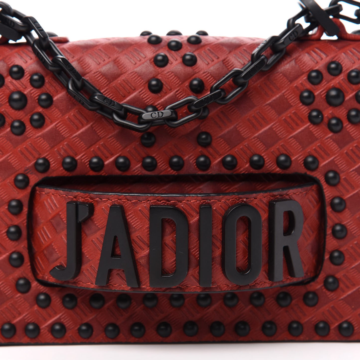 Calfskin Embossed Cannage Studded Mini J'Adior Chain Flap Bag Red