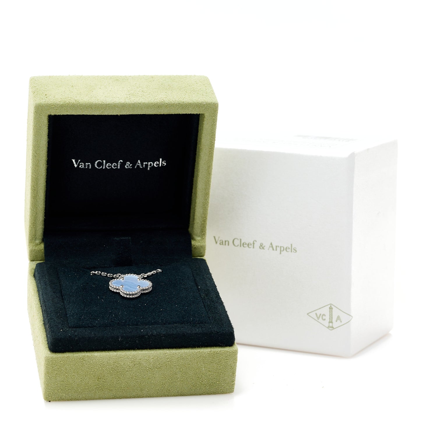 18K White Gold Chalcedony Vintage Alhambra Pendant Necklace
