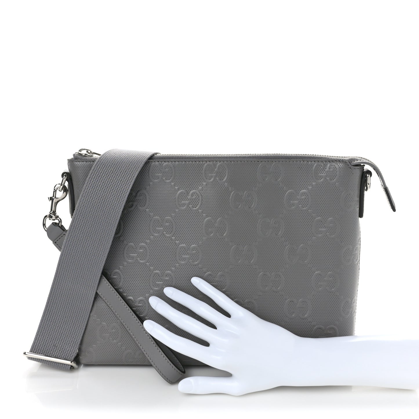 Calfskin GG Tennis Embossed Medium Wristlet Messenger Bag Gray
