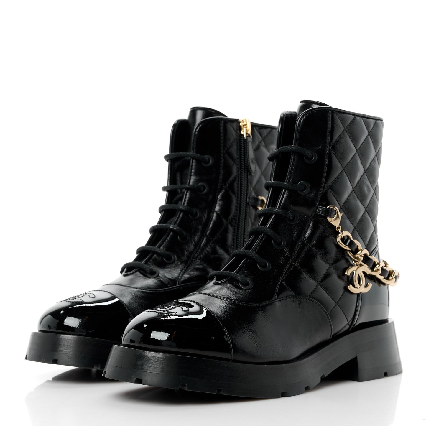 Shiny Calfskin Patent Quilted Chain Lace Up Combat Boots 35.5 Black