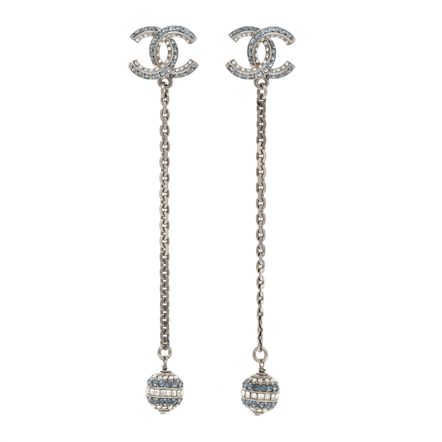 Crystal Drop Long CC Earrings Silver