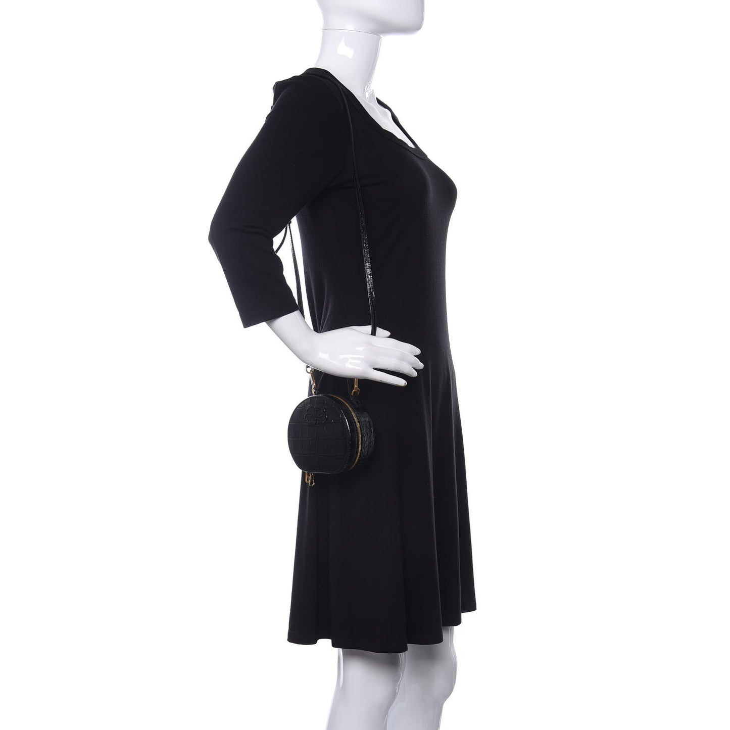 Calfskin Crocodile Embossed Vanity Round Bag Mini Black