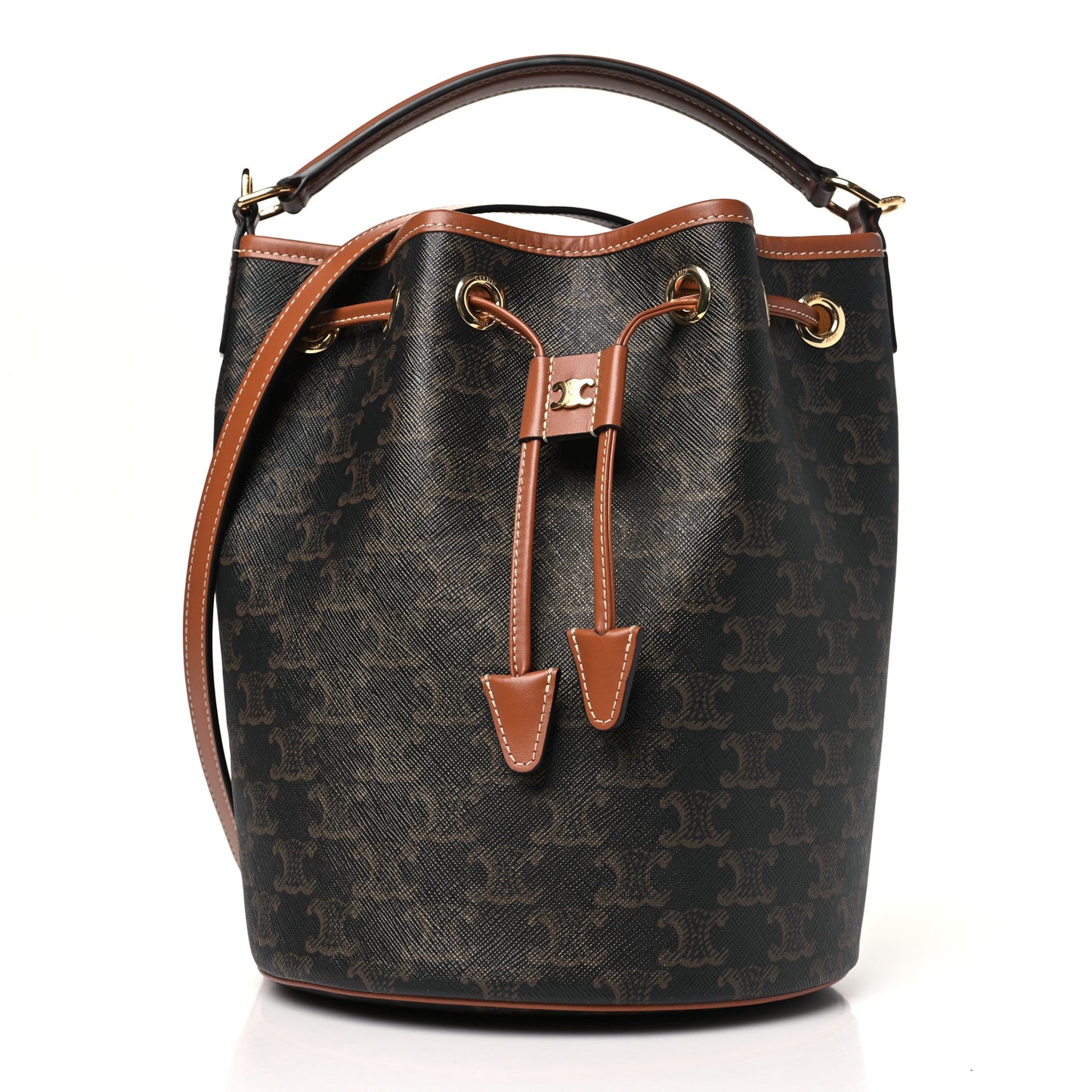 Triomphe Canvas Calfskin Clara Drawstring Bucket Bag Tan