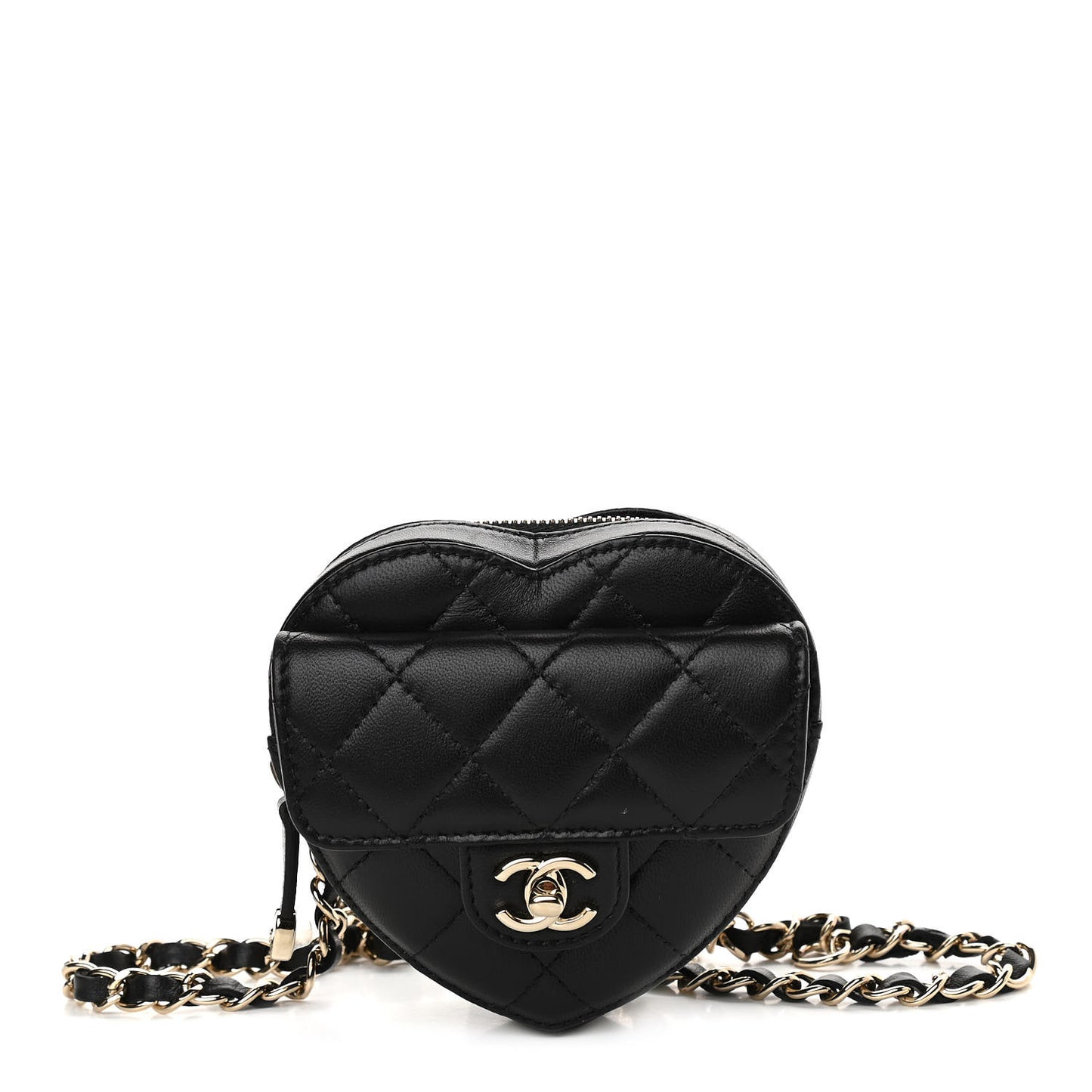 Lambskin Quilted CC In Love Heart Waist Belt Bag With Chain Black