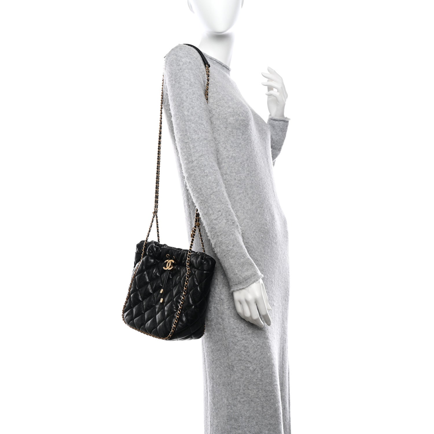 Chanel Caviar Quilted Chain Around Multi Chain Bucket Drawstring Bag Black 2 of 10