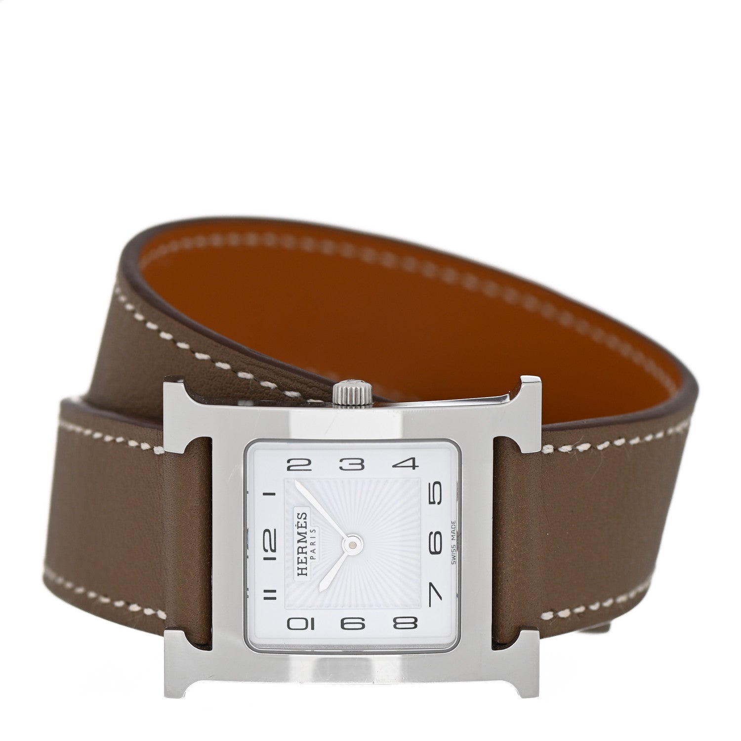 Hermes Stainless Steel Swift 26mm Heure H Hour Double Tour Quartz Watch Etoupe 2 of 4