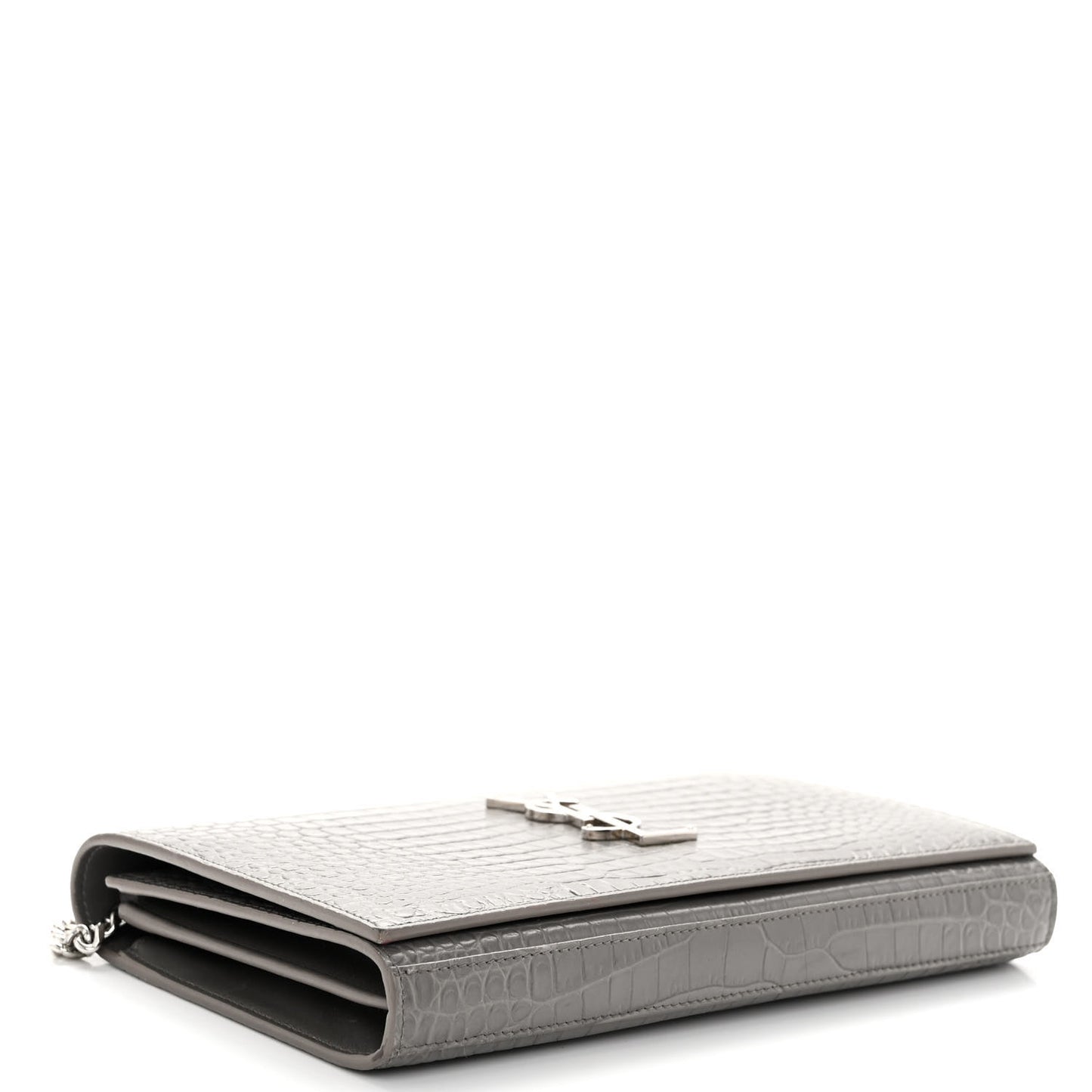 Calfskin Crocodile Embossed Monogram Chain Wallet Fog
