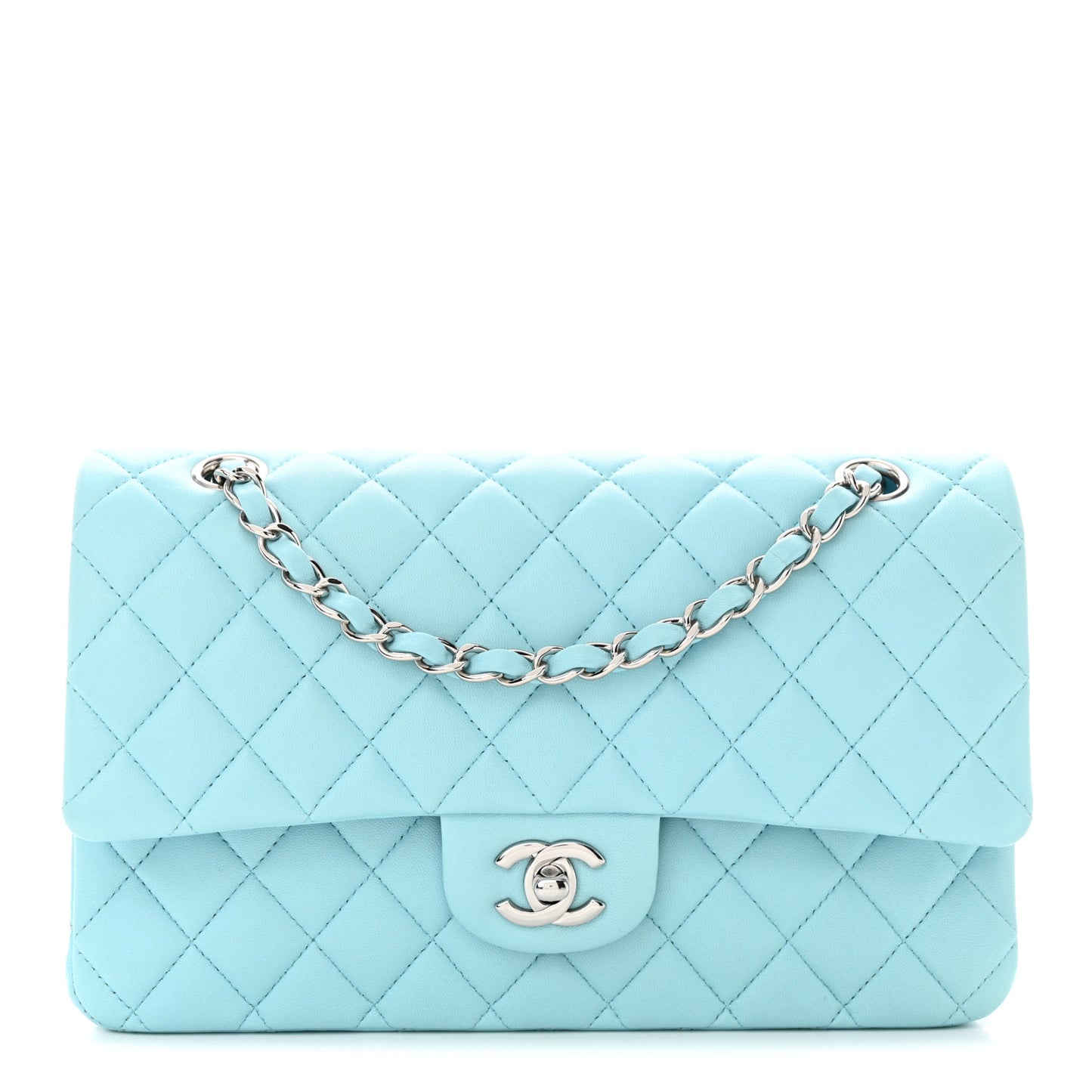 Lambskin Quilted Medium Double Flap Light Blue
