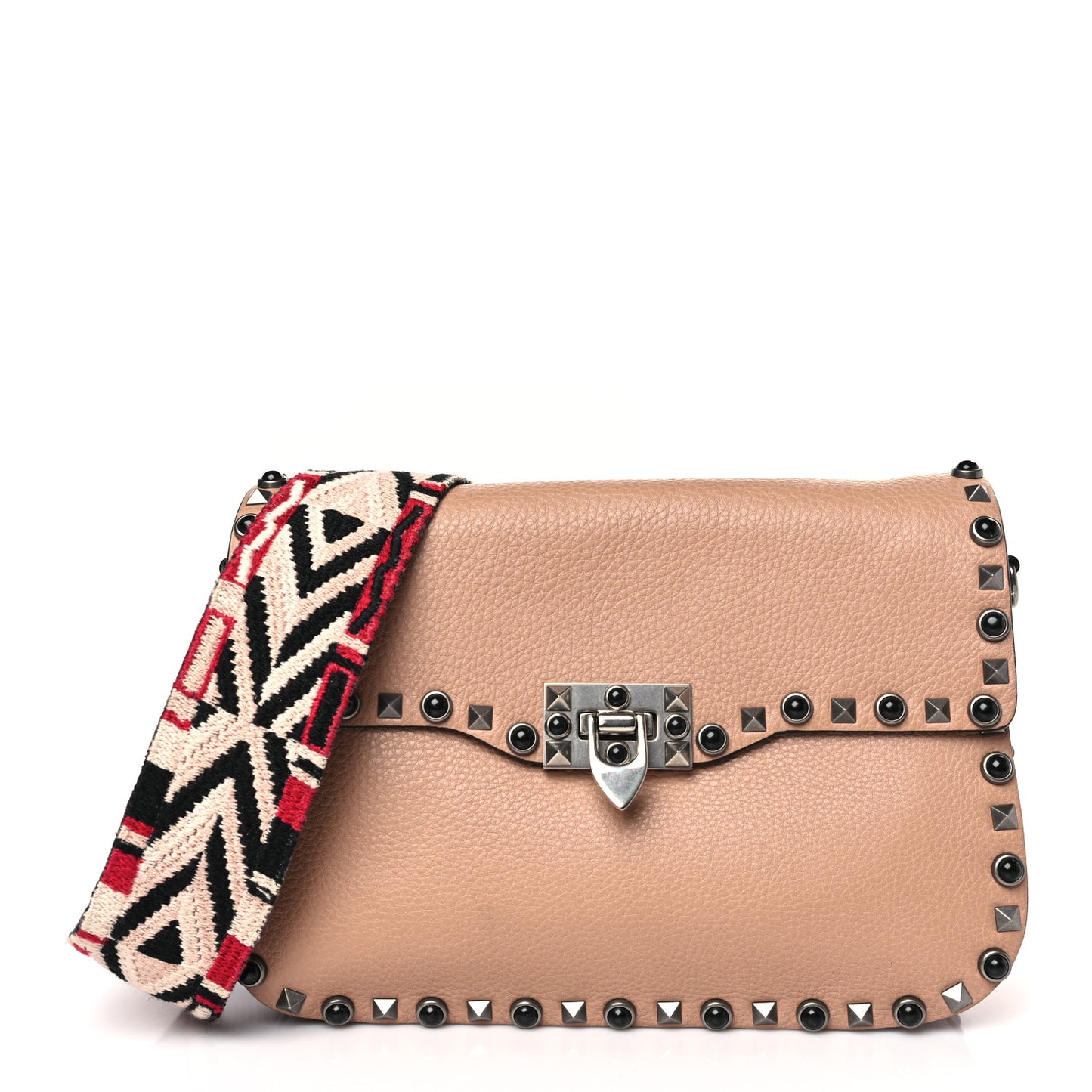 Grained Calfskin Onyx Medium Guitar Strap Rockstud Rolling Flap Saddle Bag Soft Noisette