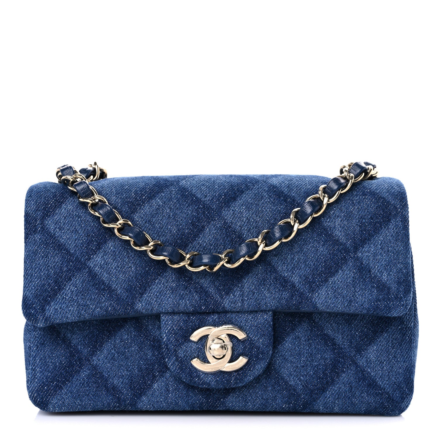 CHANEL デニムブルー キルティングバッグ Chanel Printed Denim Quilted Mini Rectangular Flap Dark Blue