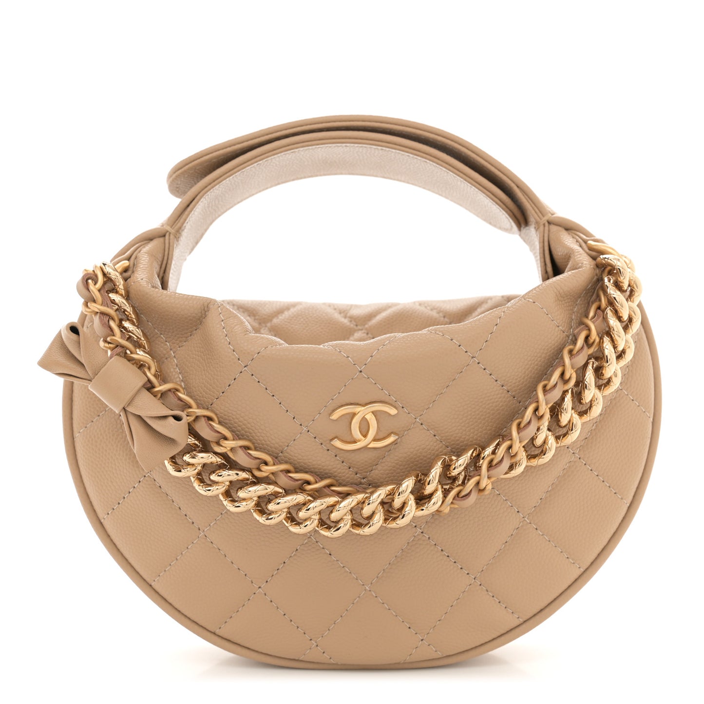Shiny Caviar Quilted Bow Pouch Hobo Dark Beige