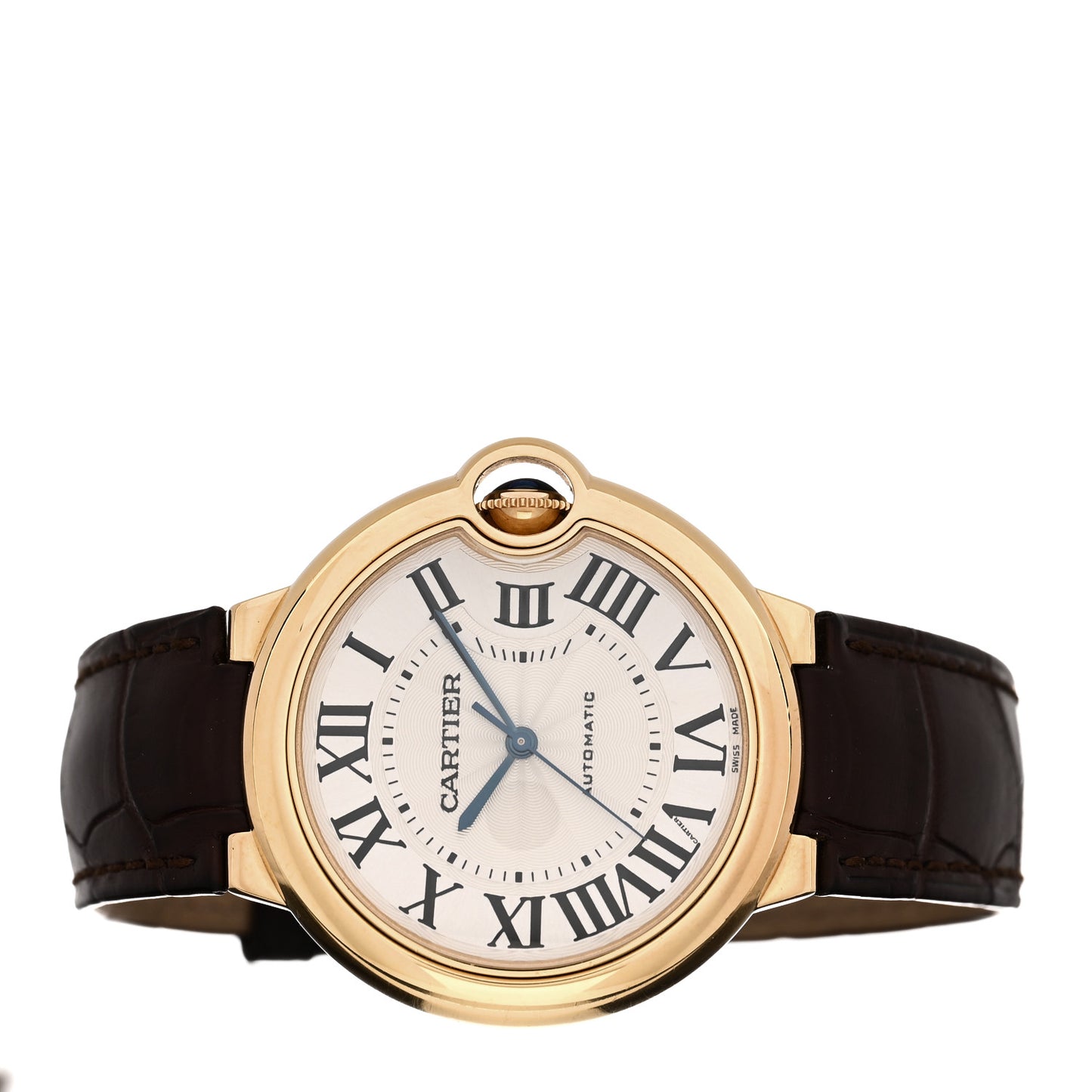 18K Yellow Gold Alligator 36mm Ballon Bleu De Cartier Automatic Watch Brown