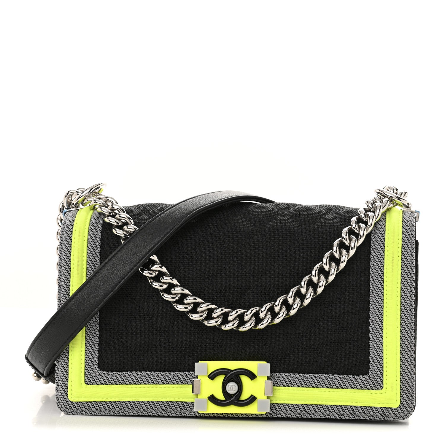 Chanel Canvas Quilted Medium Fluo Boy Flap Black Grey Yellow 1 of 12