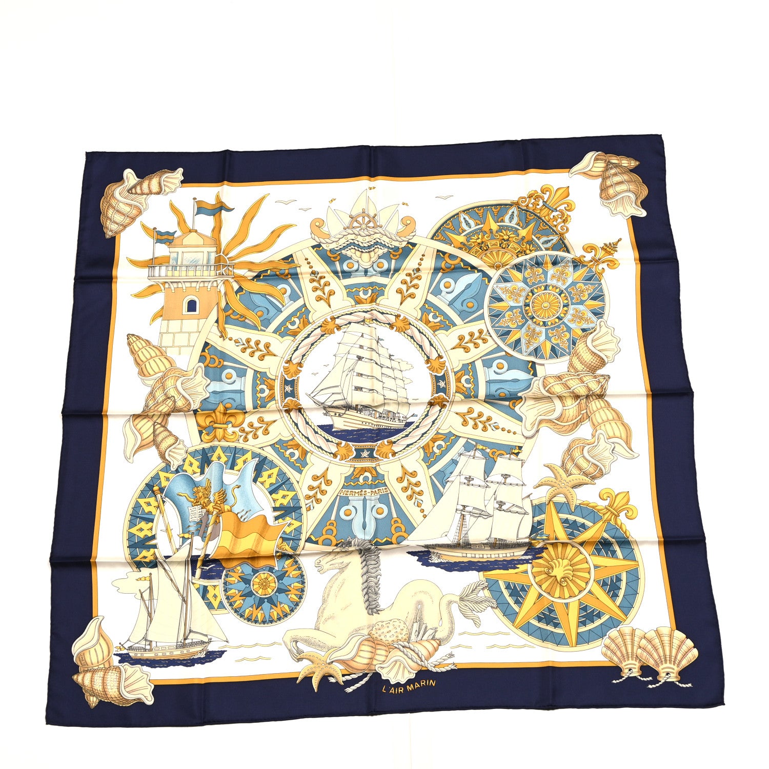 HERMES AIR MARIN シルクスカーフ Hermes Silk L'Air Marin Scarf 90 Blue Gold 1685632 – FASHIONPHILE